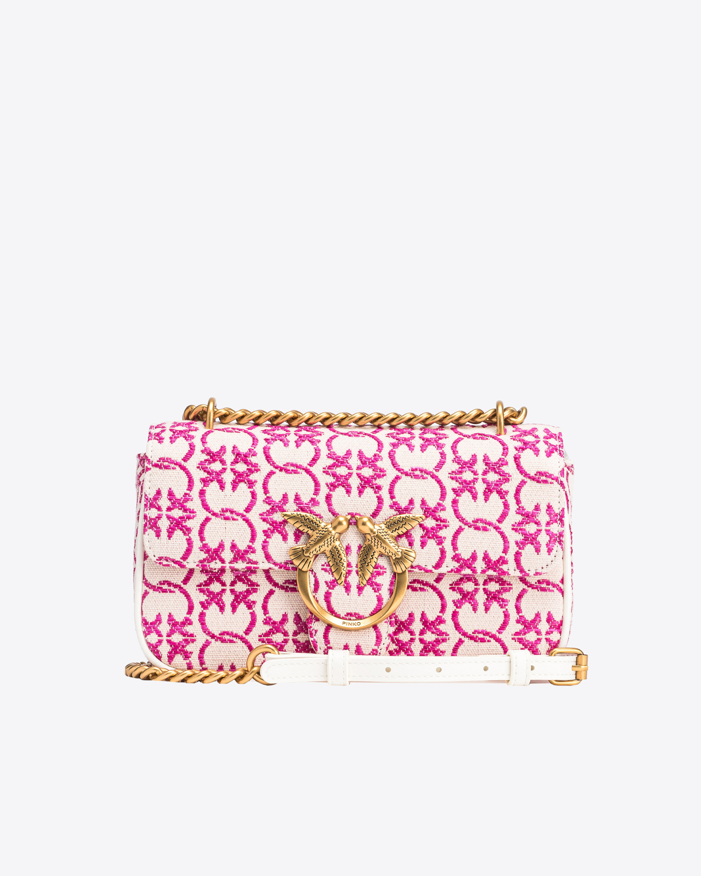 Shop Pinko Mini Love Bag With Shoulder Strap And Jacquard Logo In Beige/rose-or Antique