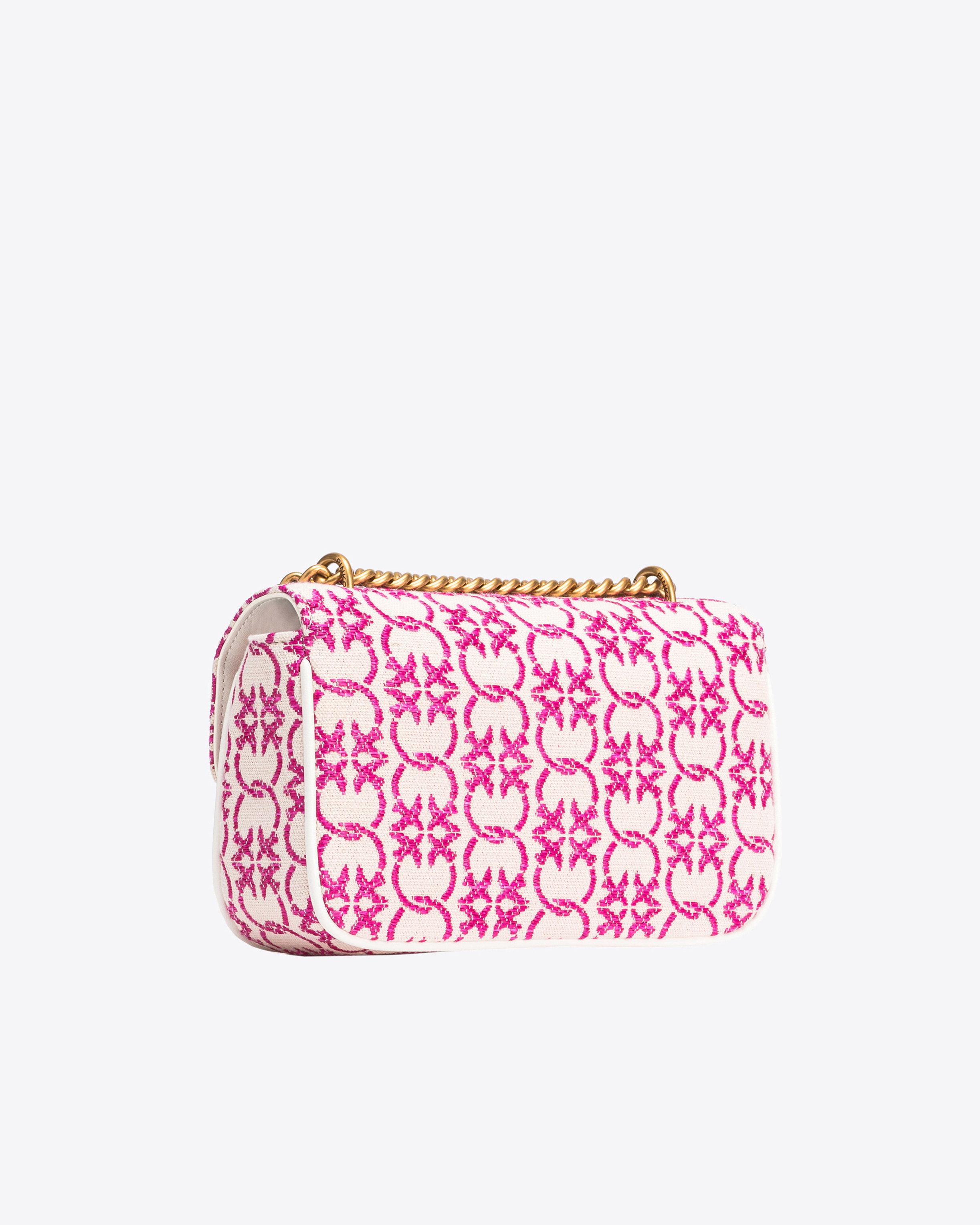 Shop Pinko Mini Love Bag With Shoulder Strap And Jacquard Logo In Beige/rose-or Antique