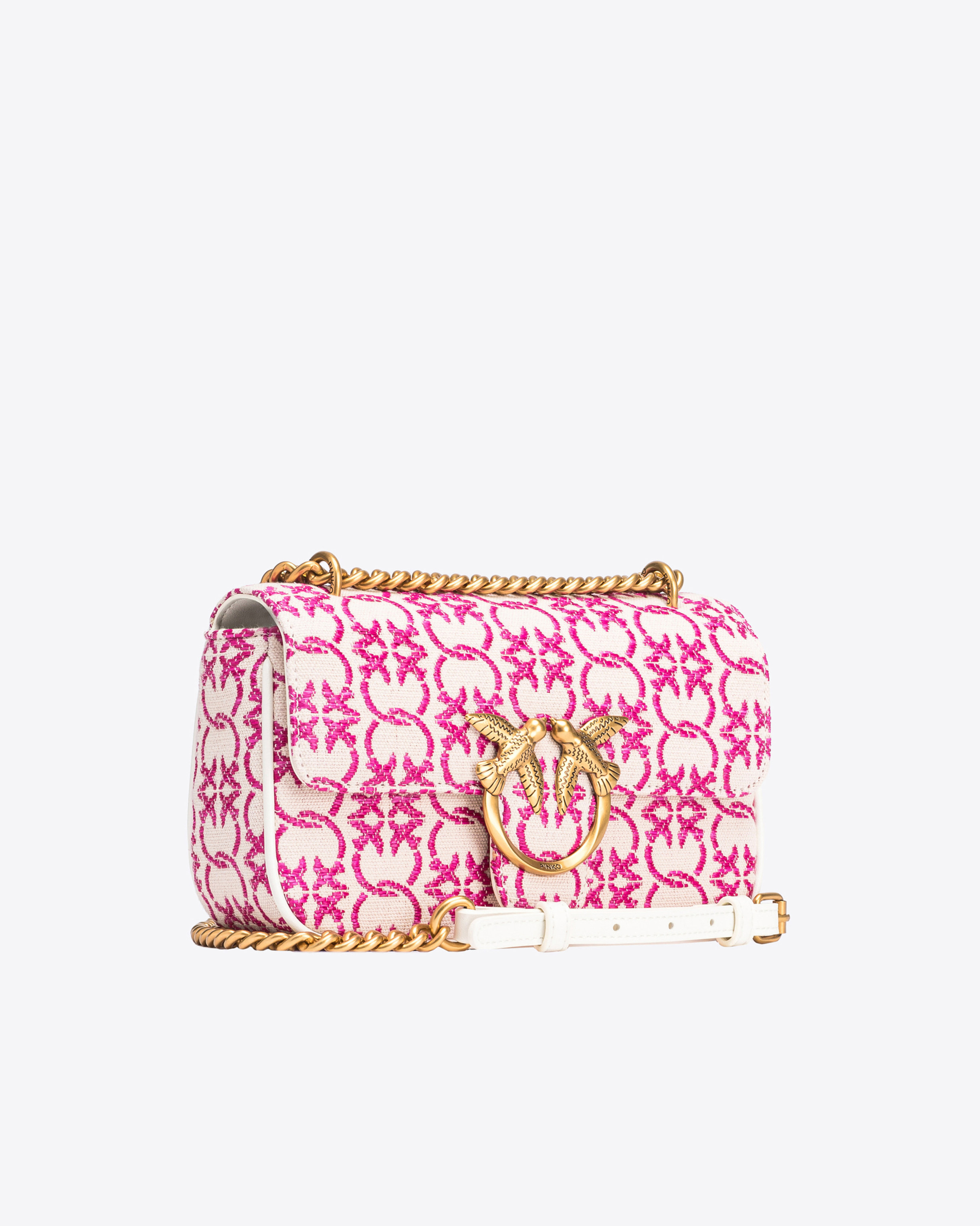 Shop Pinko Mini Love Bag With Shoulder Strap And Jacquard Logo In Beige/rose-or Antique