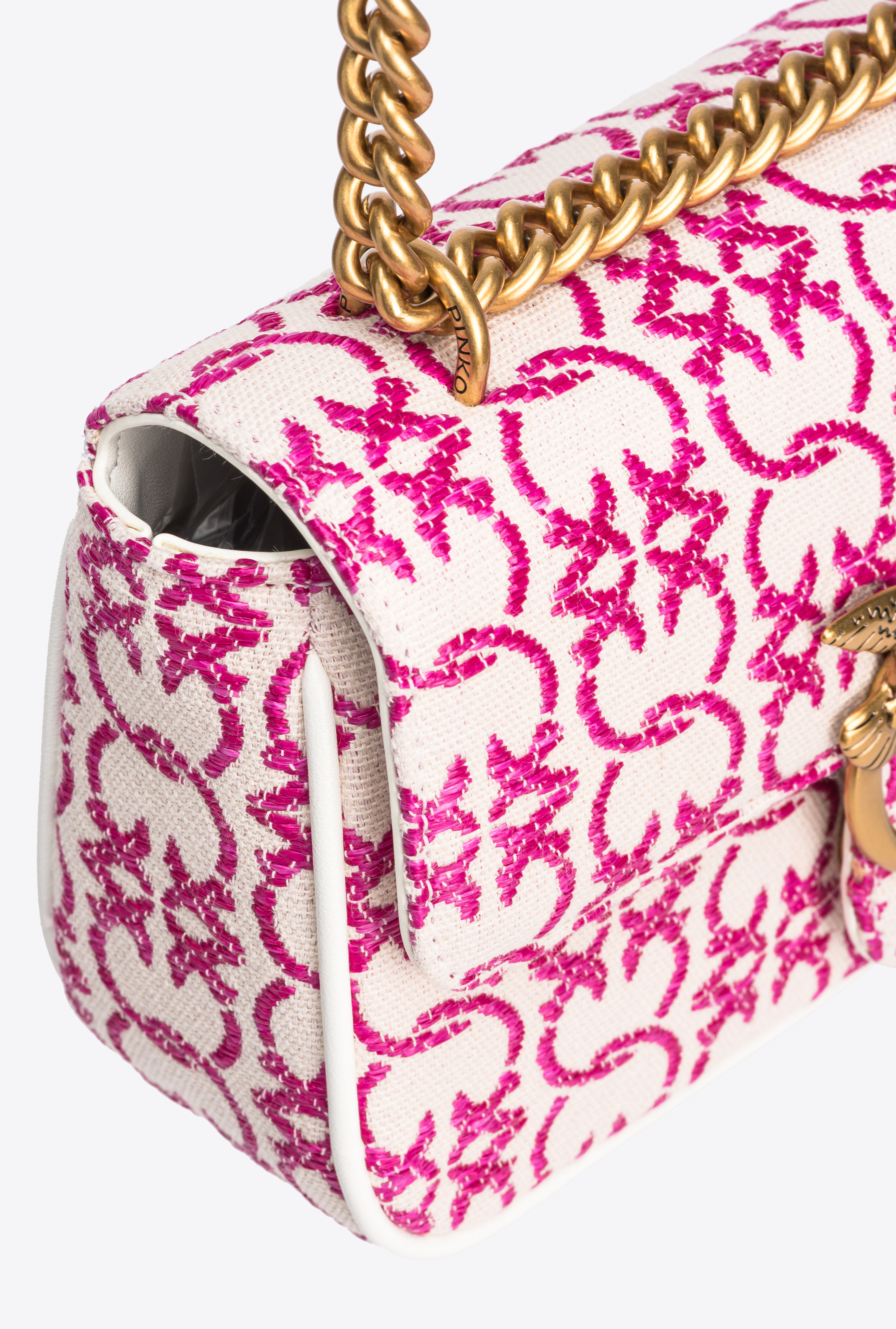 Shop Pinko Mini Love Bag With Shoulder Strap And Jacquard Logo In Beige/rose-or Antique