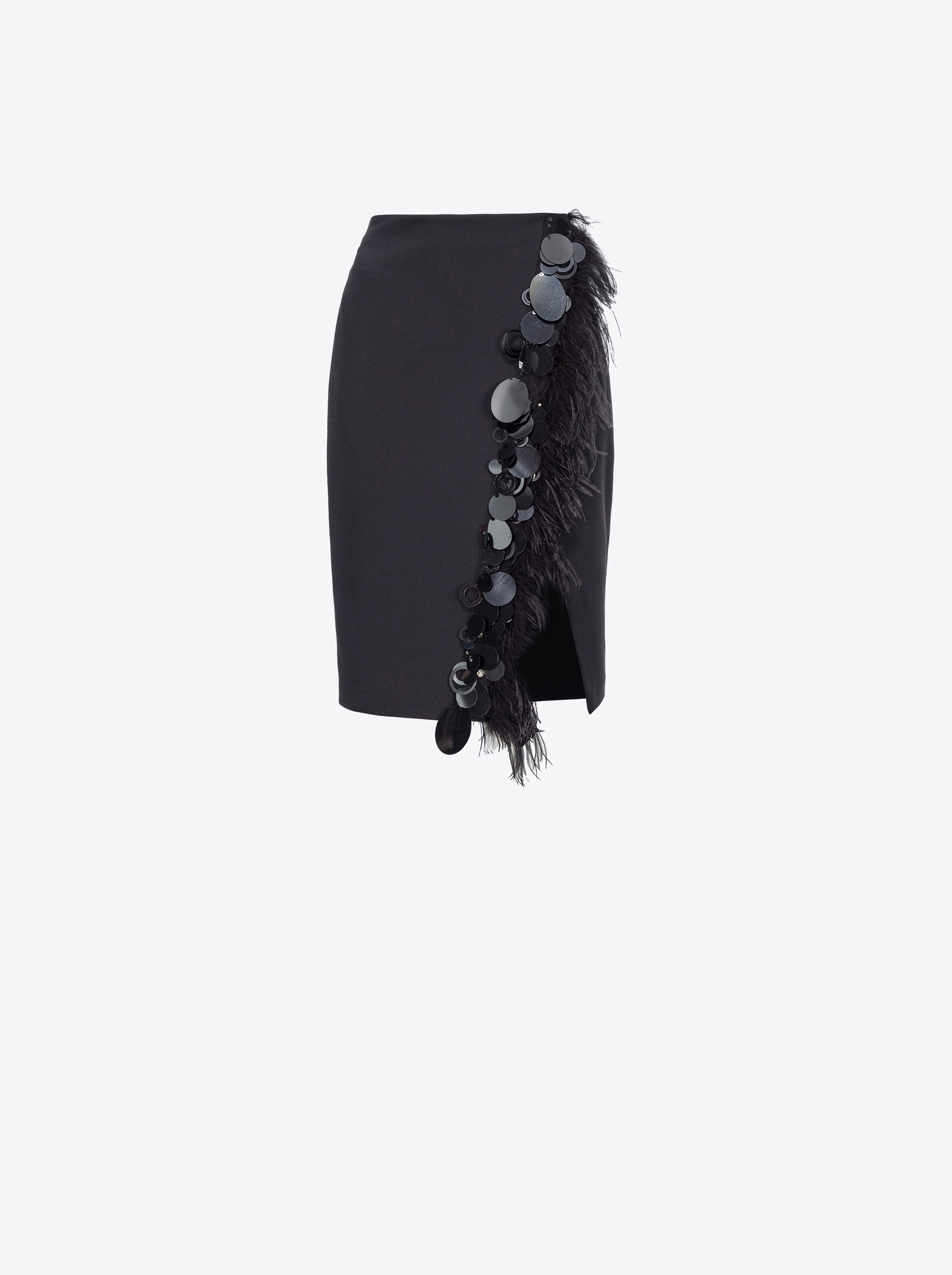 Shop Pinko Skirt With Feathers And Sequins In Noir Limousine