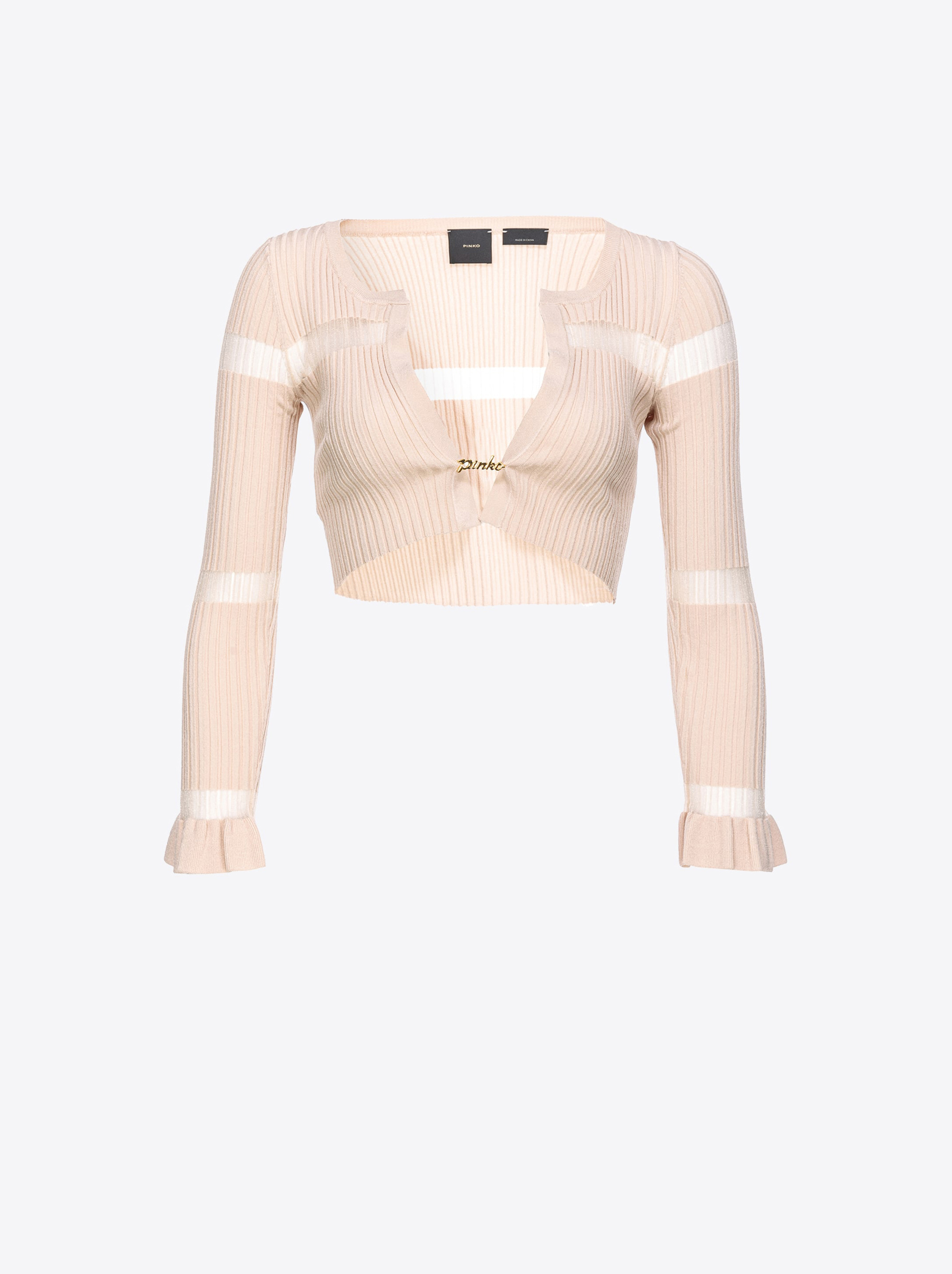 Shop Pinko Mini Cardigan Côtelé À Rayures Transparentes In Beige-pierre Ponce