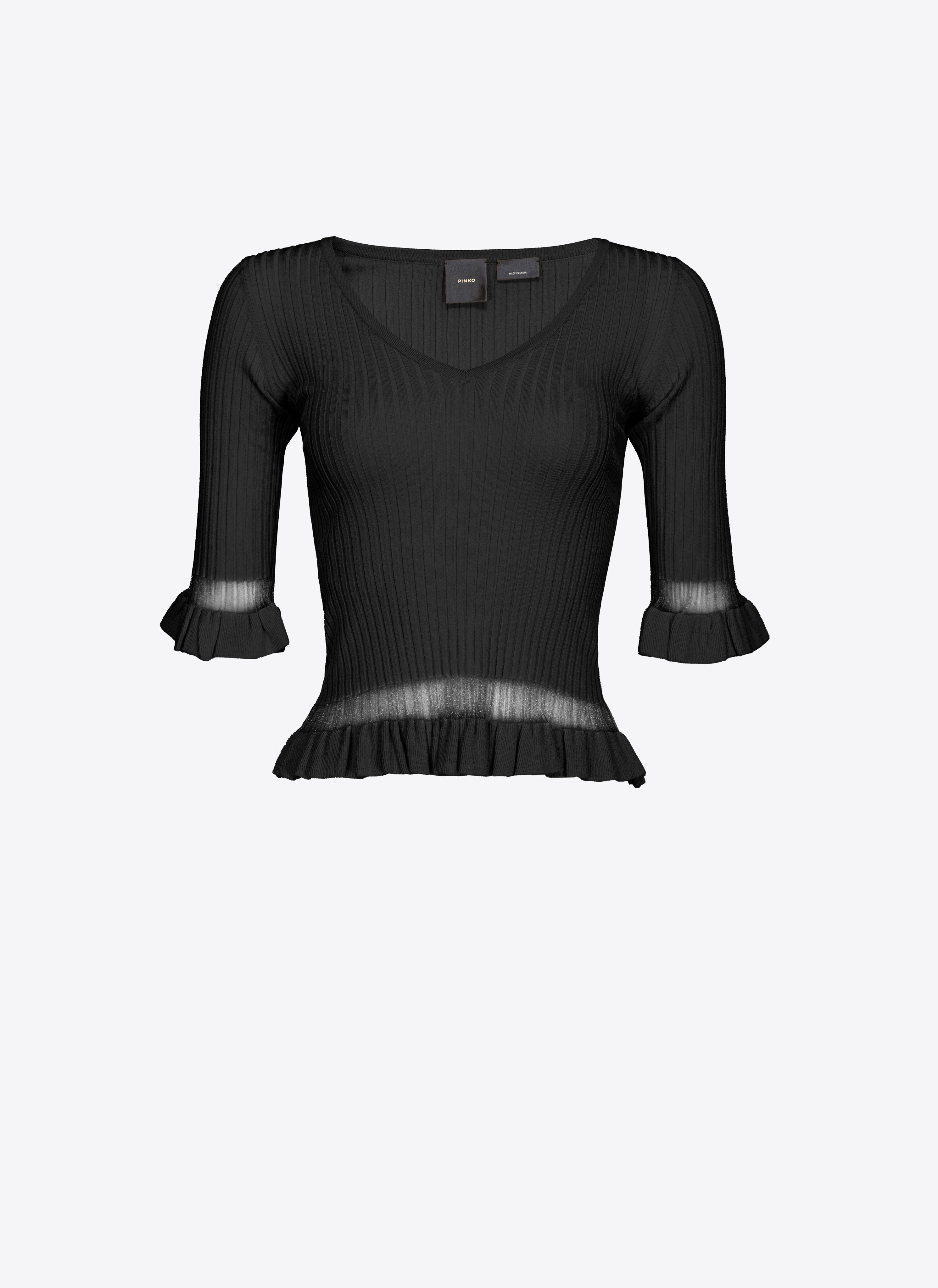 Pinko Ribbed Sweater With Ruching In Limo Black