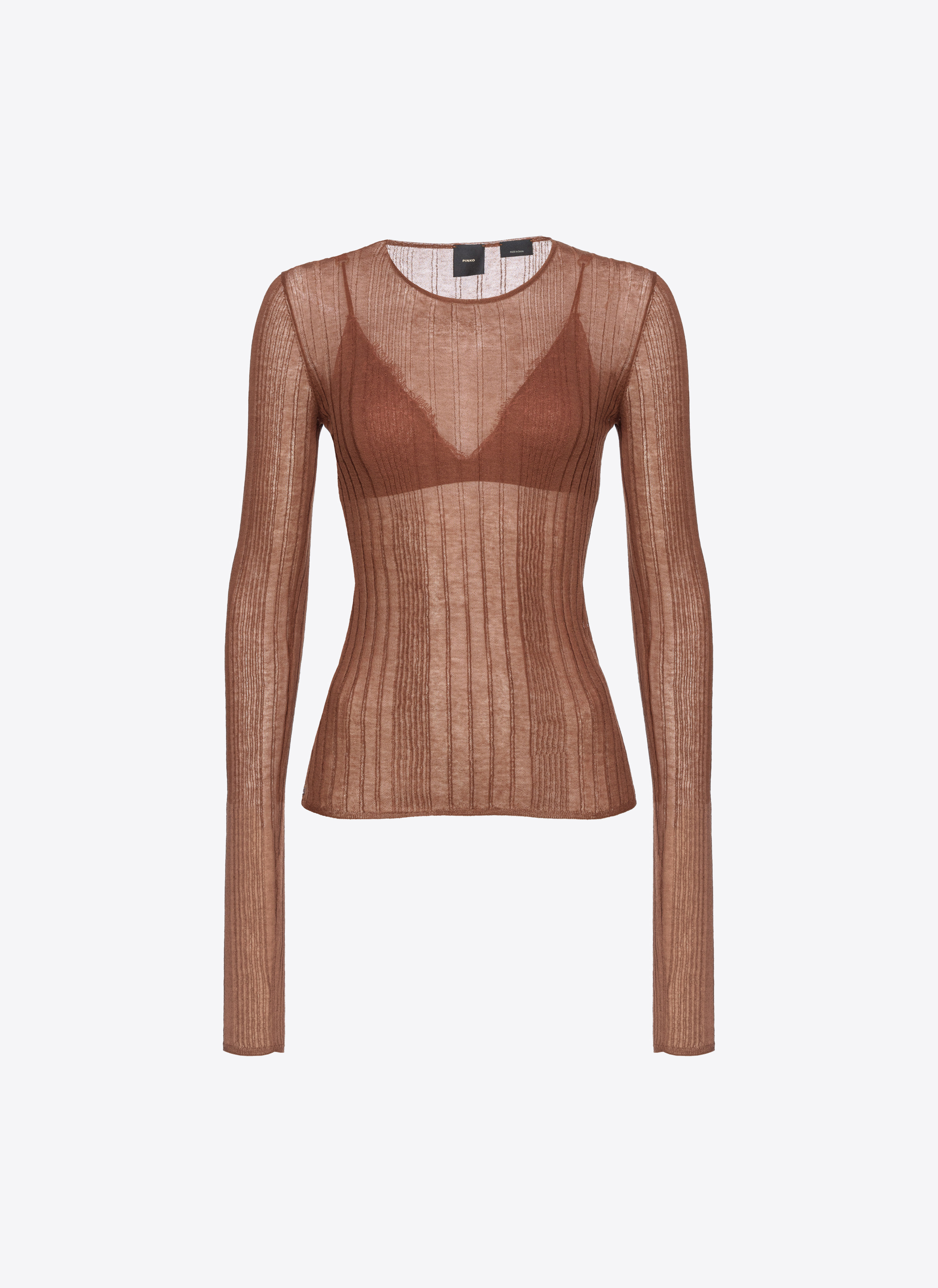 Shop Pinko Maglia Semitrasparente A Costine In Brown/leather