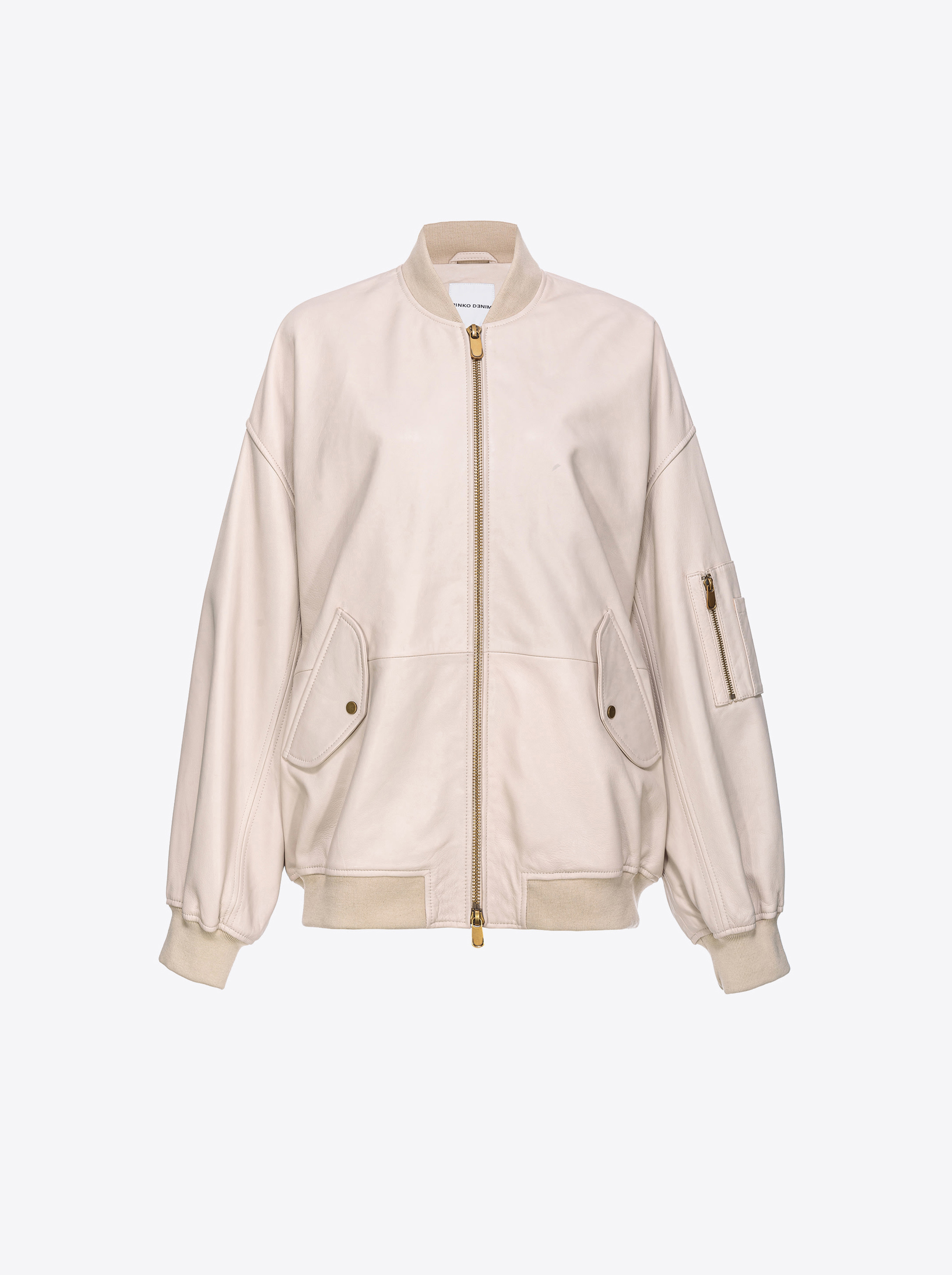 Shop Pinko Nappa Leather Bomber Jacket In Beige-oatmeal