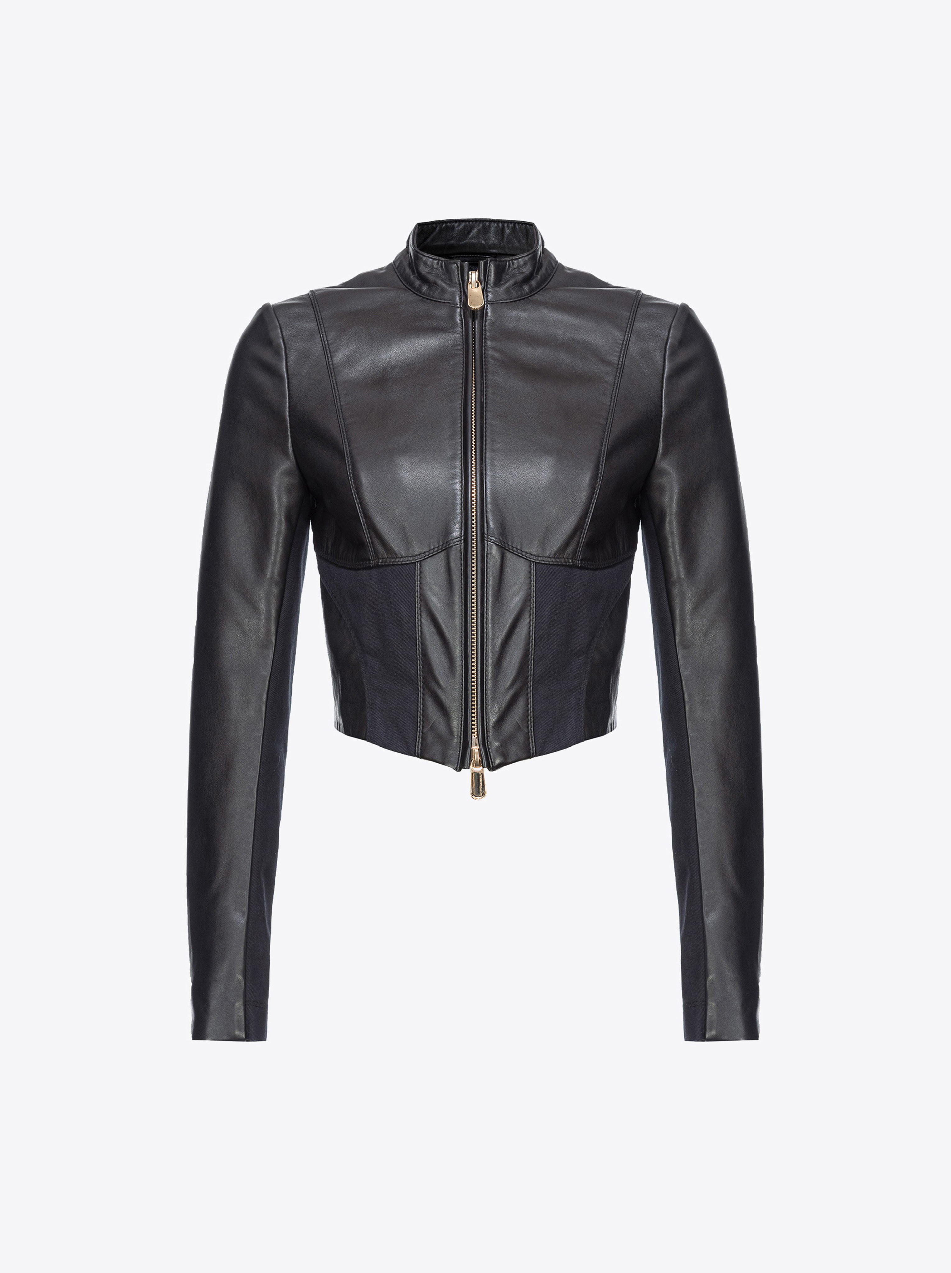 Pinko Blouson De Motard Court En Cuir Et Tissu In Limo Black