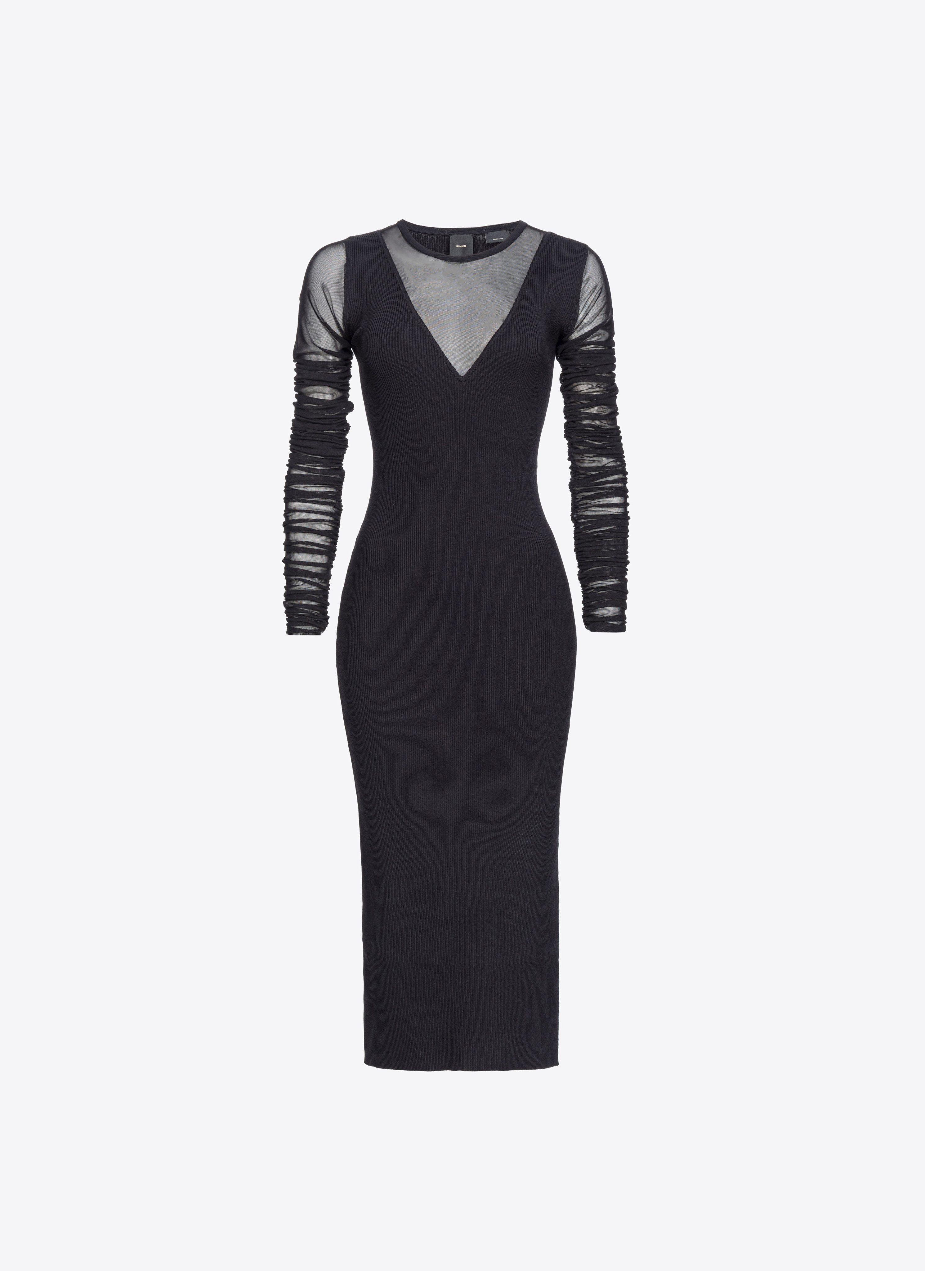 Shop Pinko Long Knit Dress With Tulle In Noir Limousine