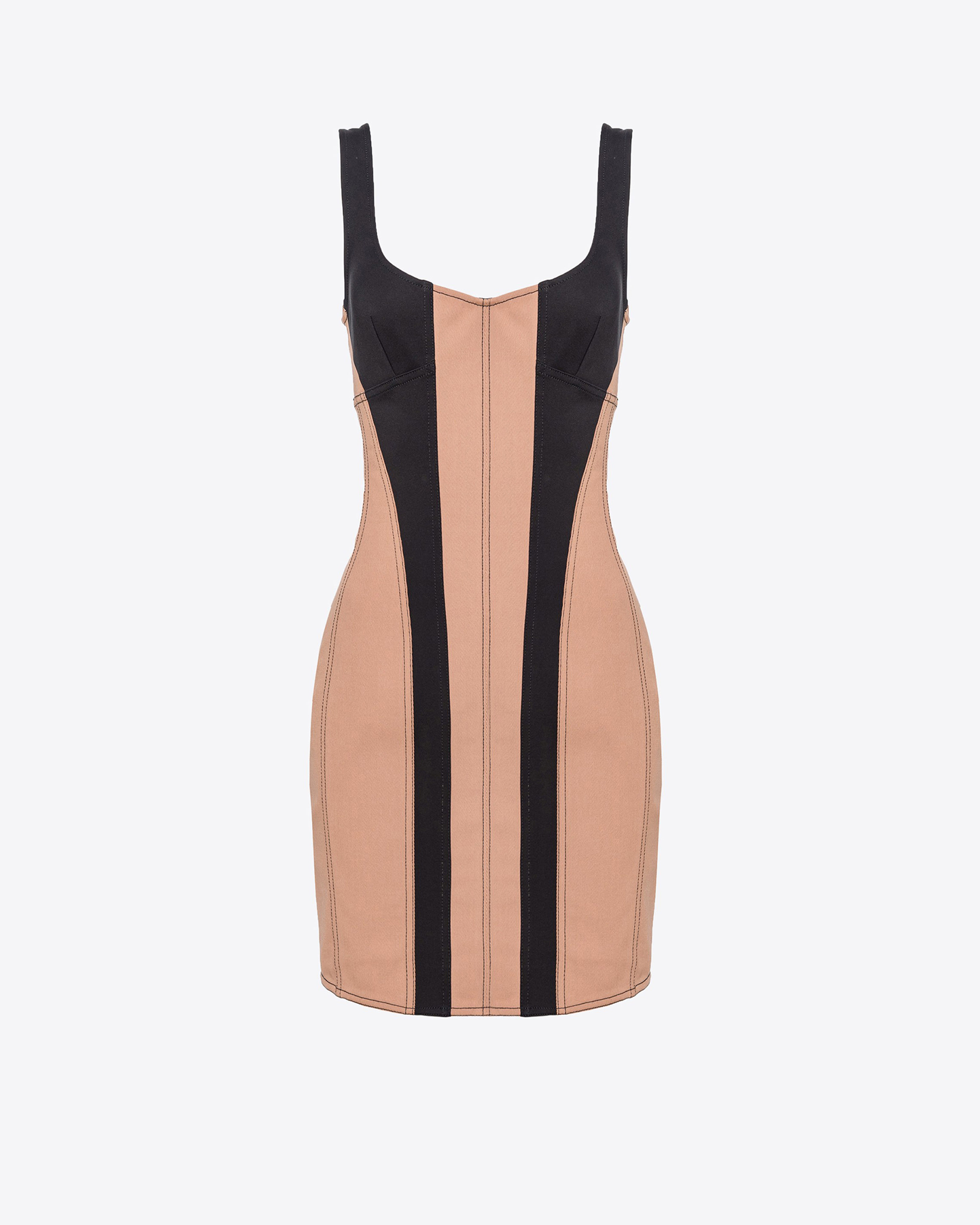 Pinko Slim-fit Dual-material Mini Dress In Hazelnut/black