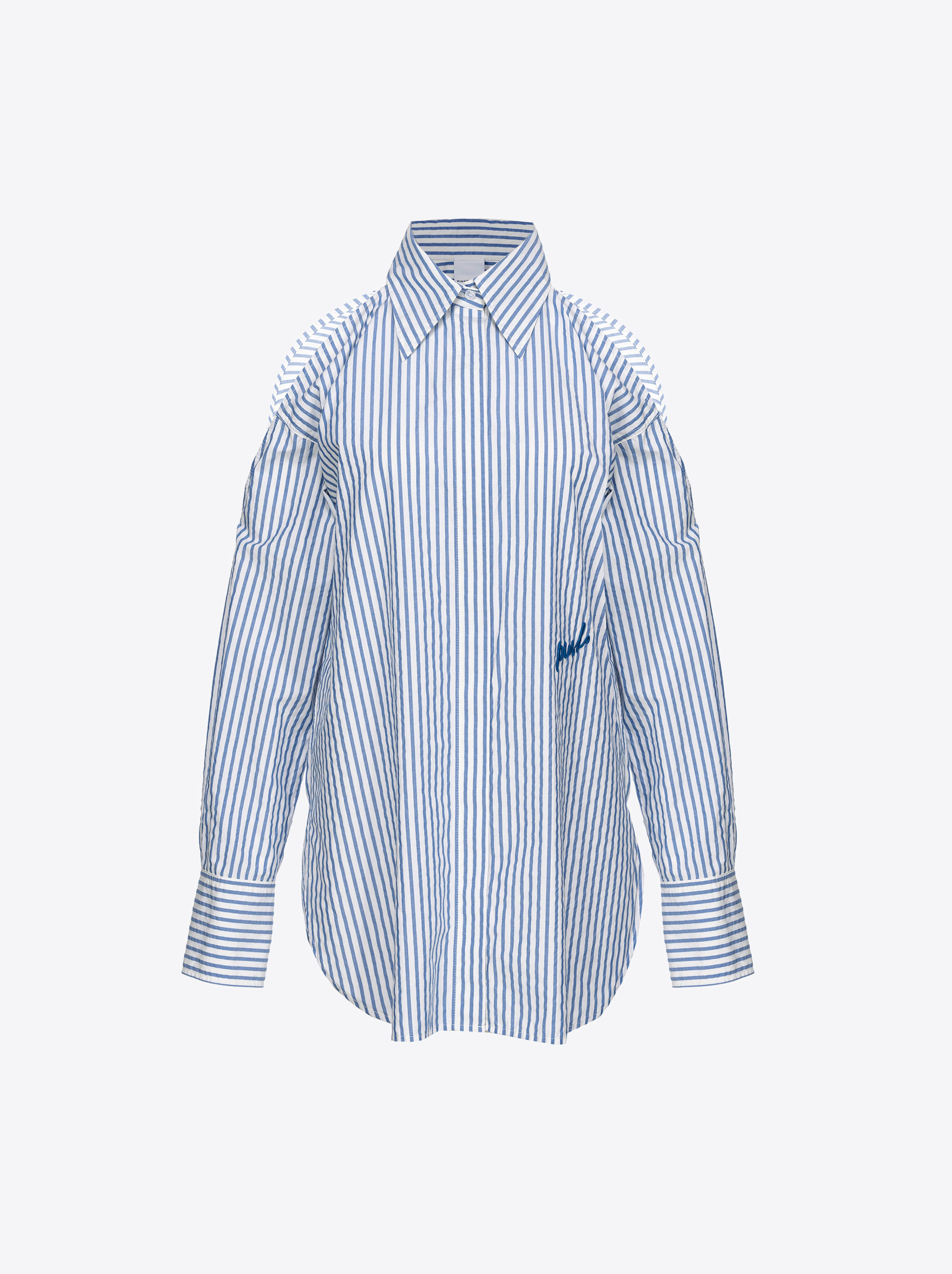Shop Pinko Camicia A Righe Con Spalle Scoperte In White/light Blue