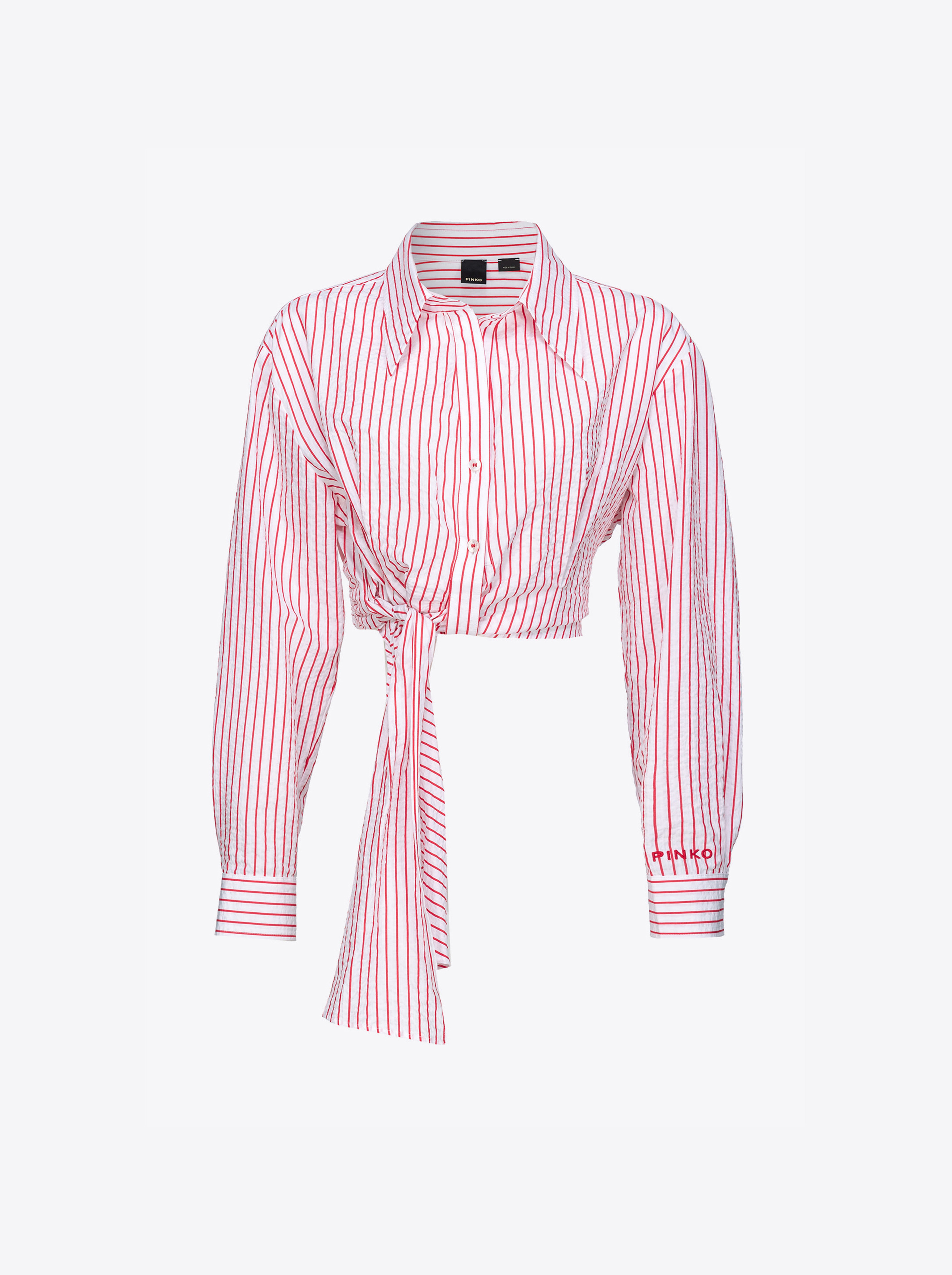 Pinko Short Striped Seersucker Shirt In White/red