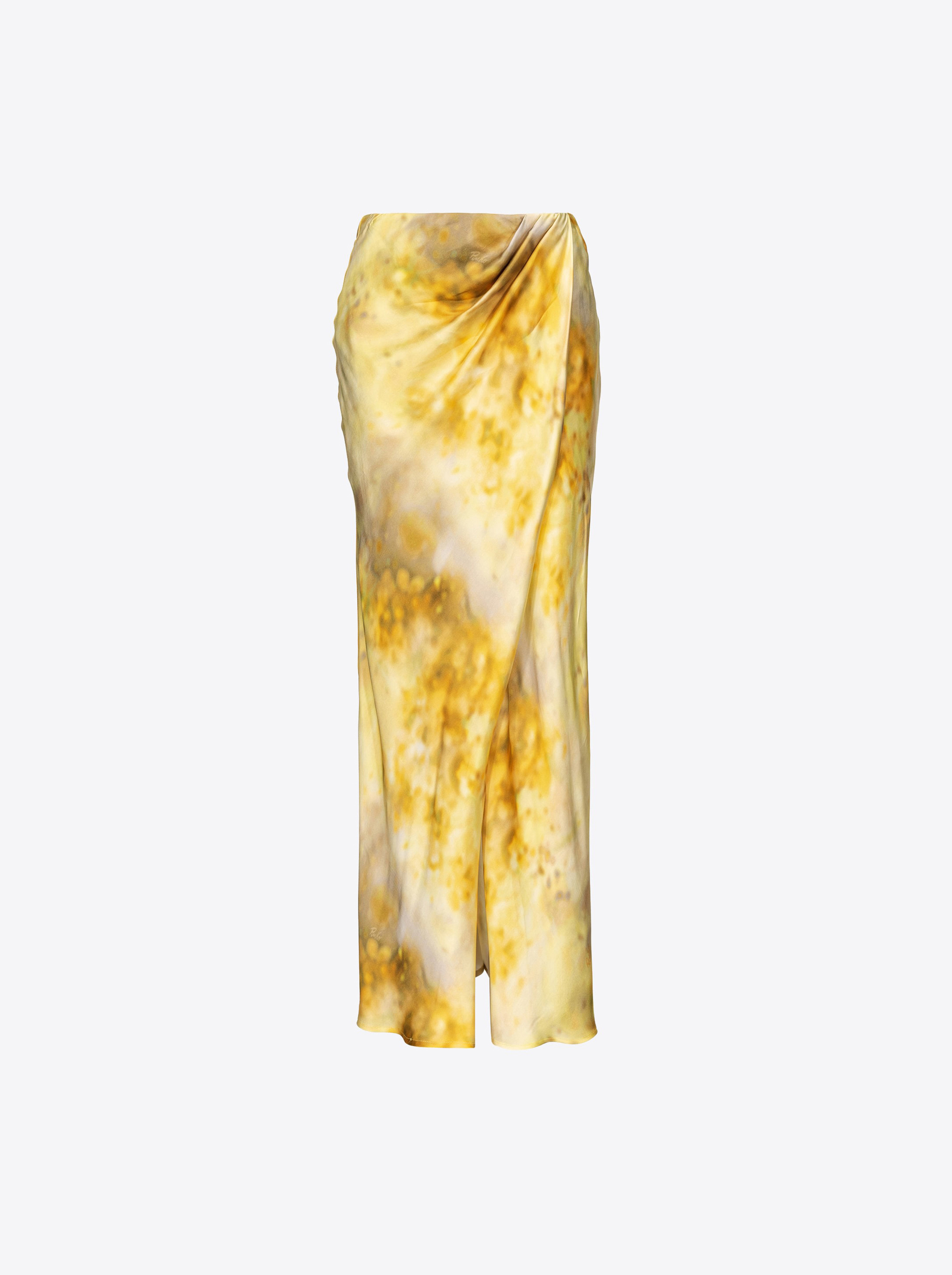 Pinko Elegant Faded Floral Satin Skirt In Mult.yellow/green