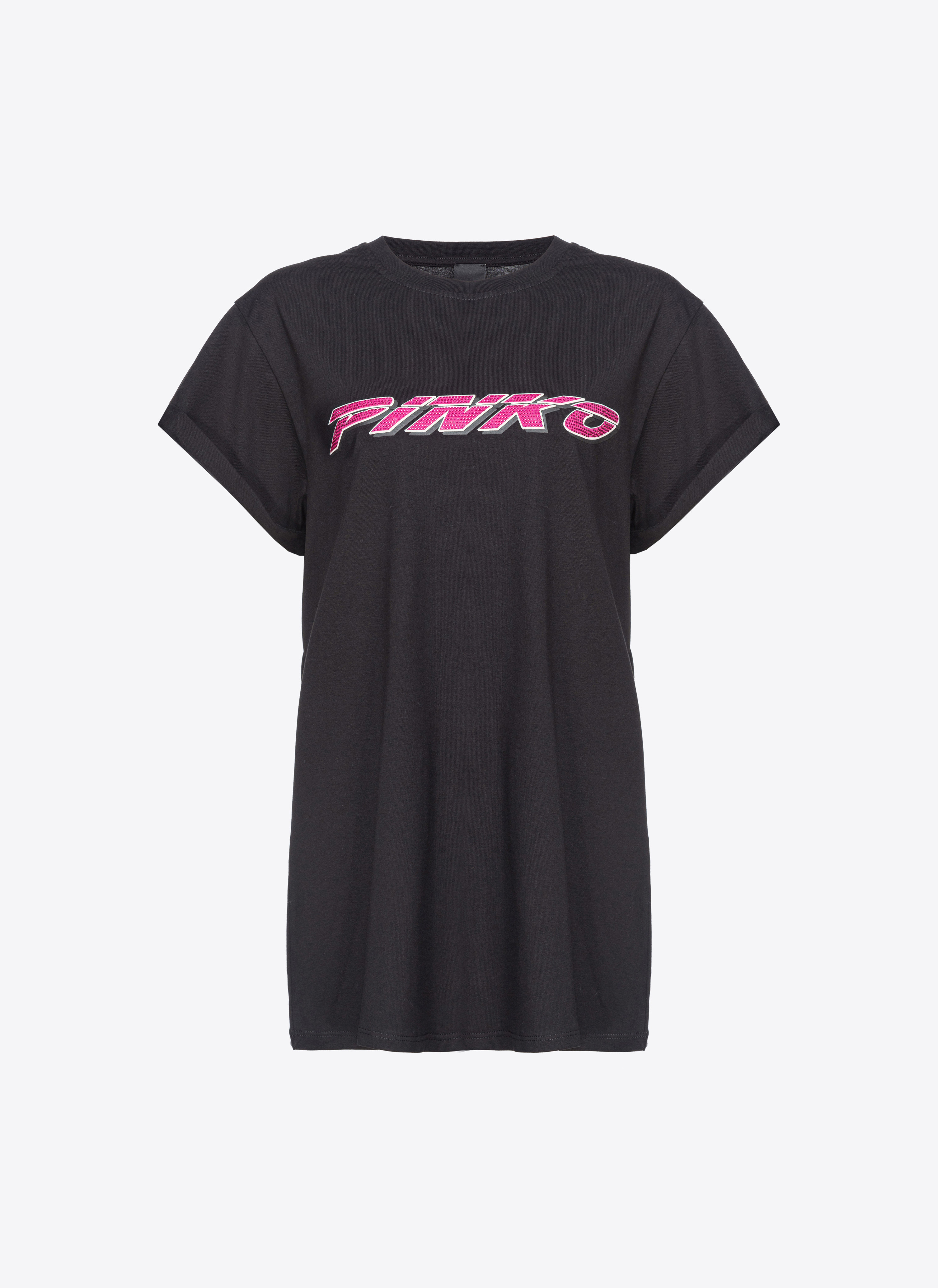 Pinko T-shirt With Rhinestoned  Print In Black/fuchsia