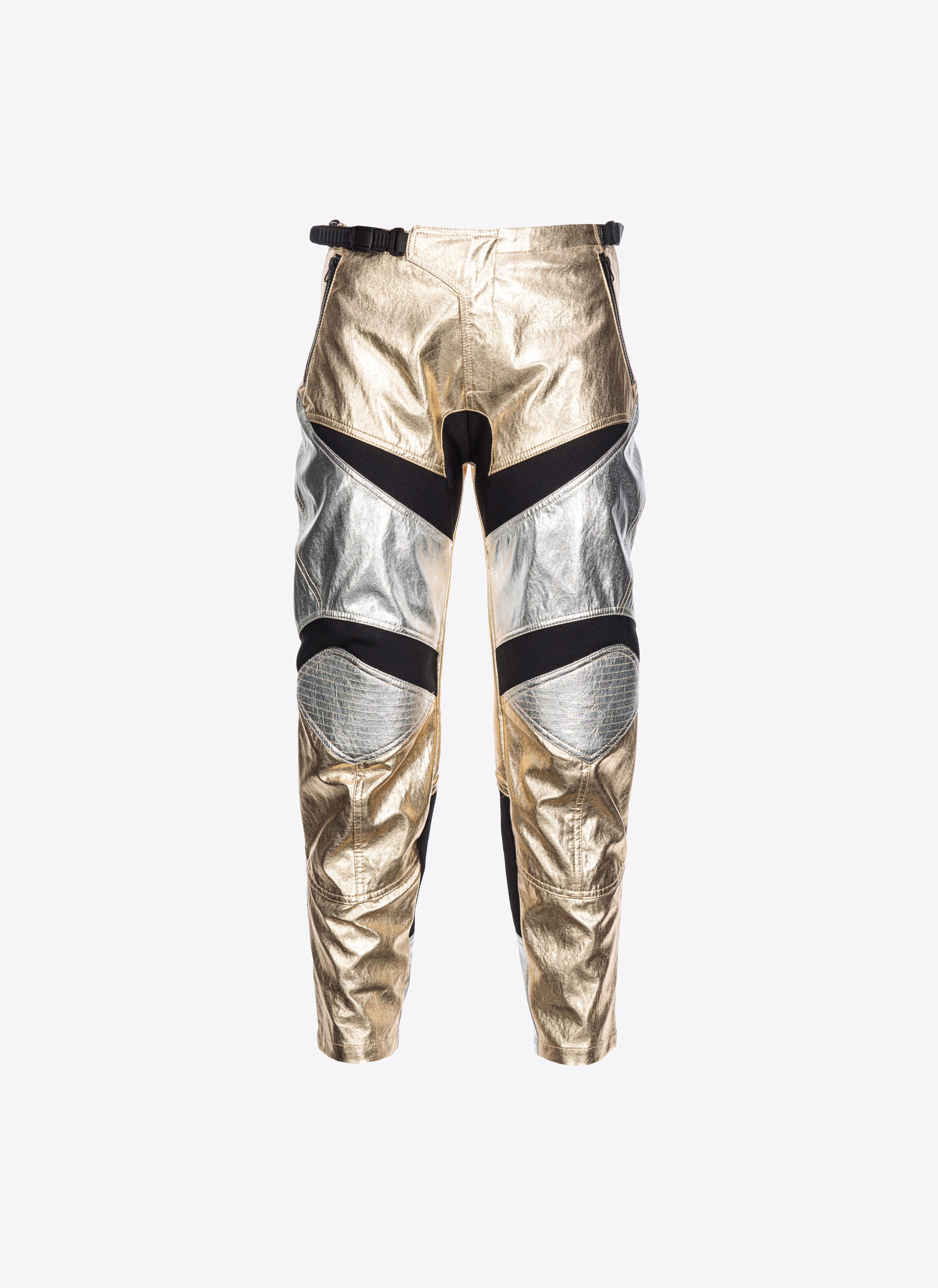 Pinko Laminated Biker Trousers In Multicolore Doré/argent