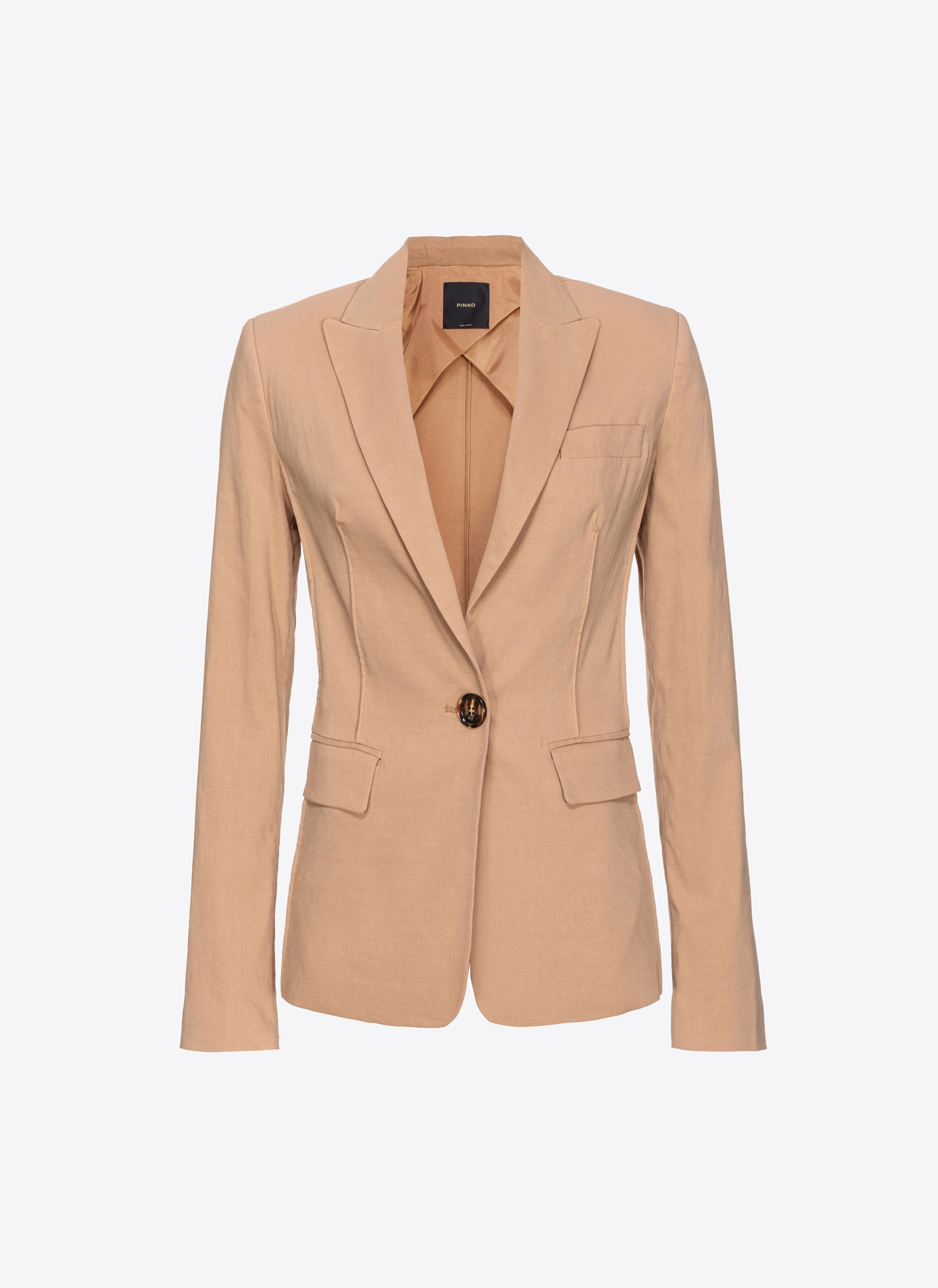 Pinko Single-breasted Stretch Linen Blazer In Tawny-brown Beige