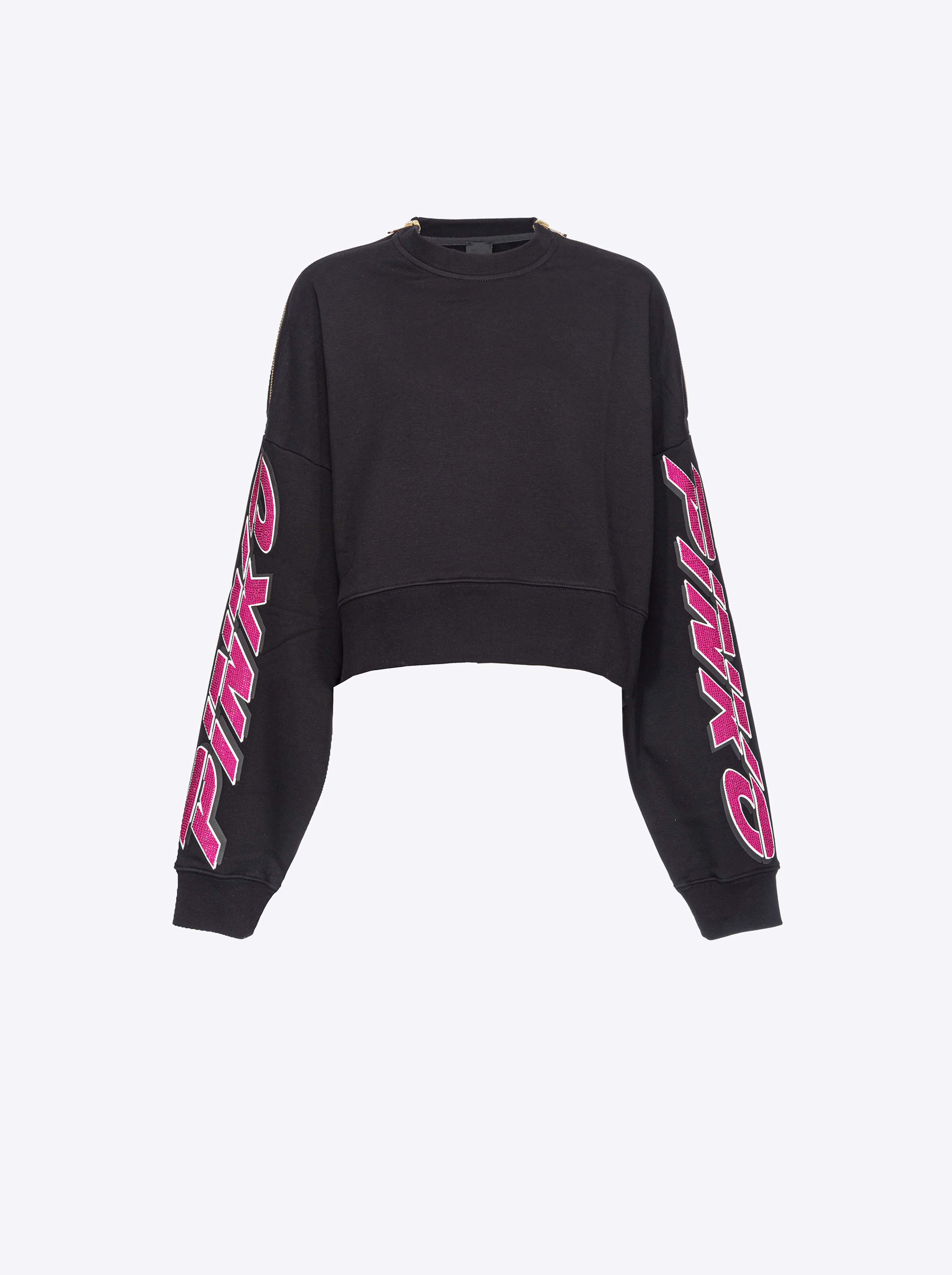 Pinko Rhinestone-embellished Cropped Sweatshirt In Noir/fuchsia