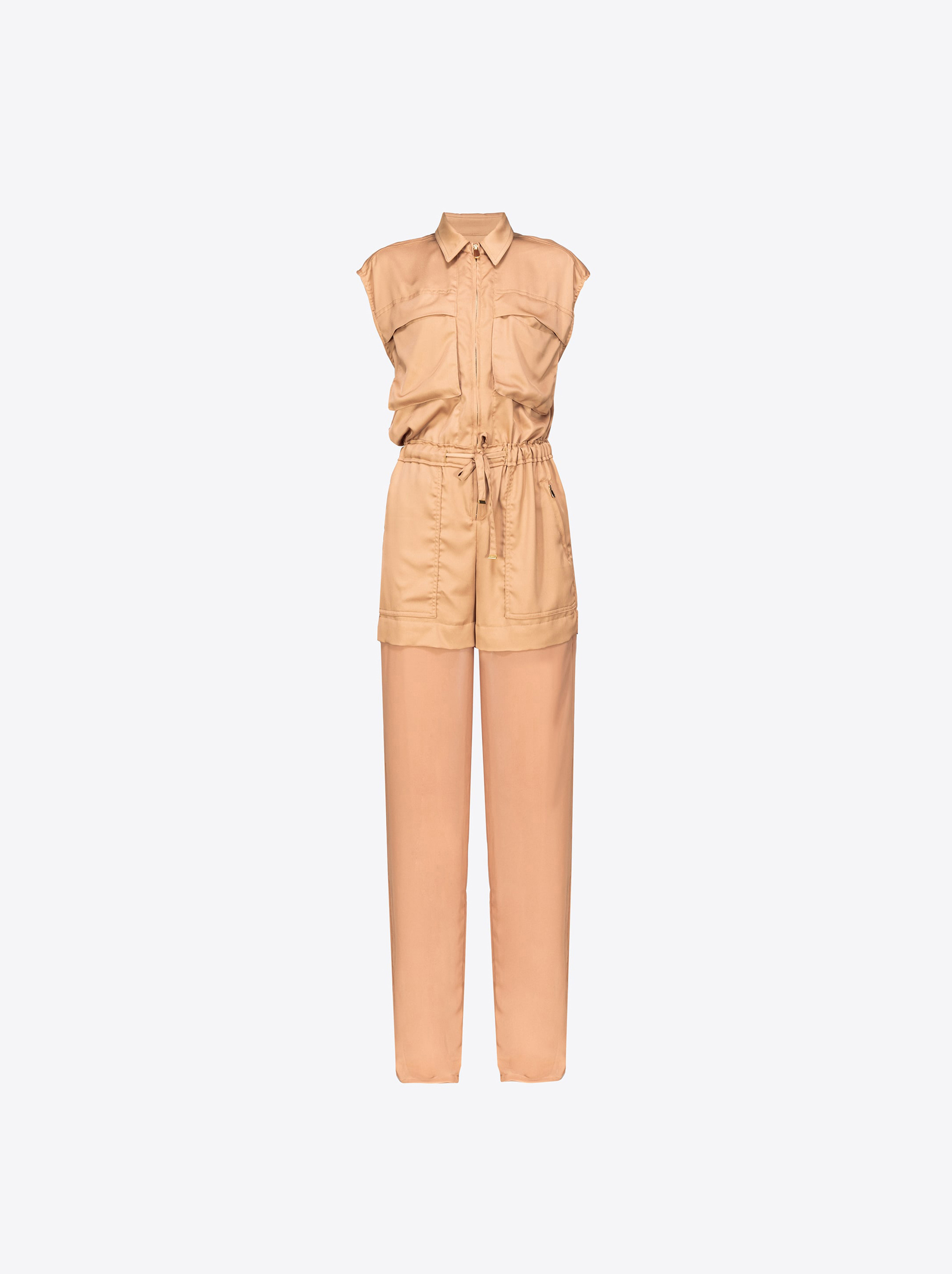 Pinko Utility-style Satin Jumpsuit With Georgette In Tawny-brown Beige