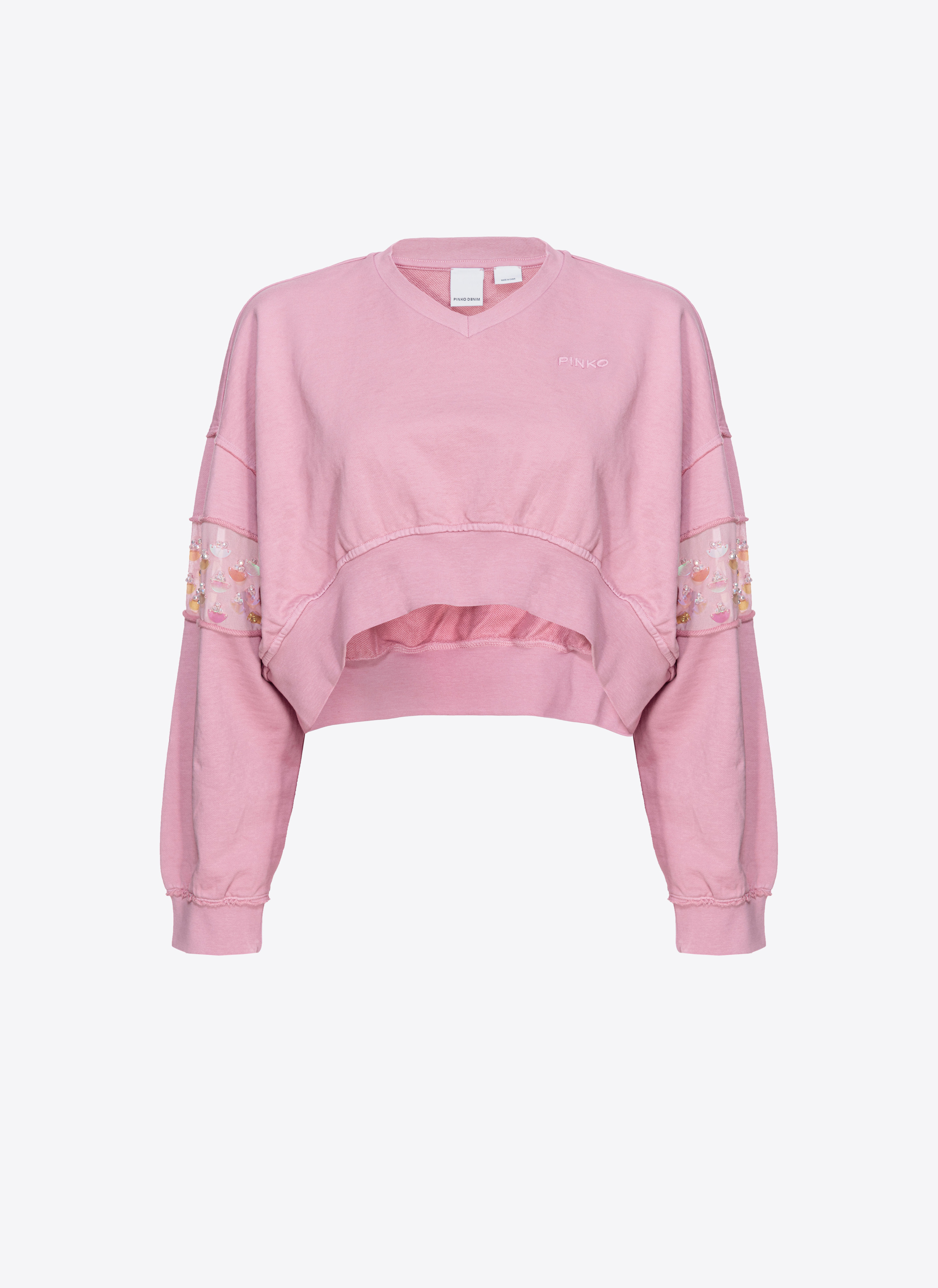 Pinko Short Sweatshirt With Hand-embroidered Detail In Orchid Smoke