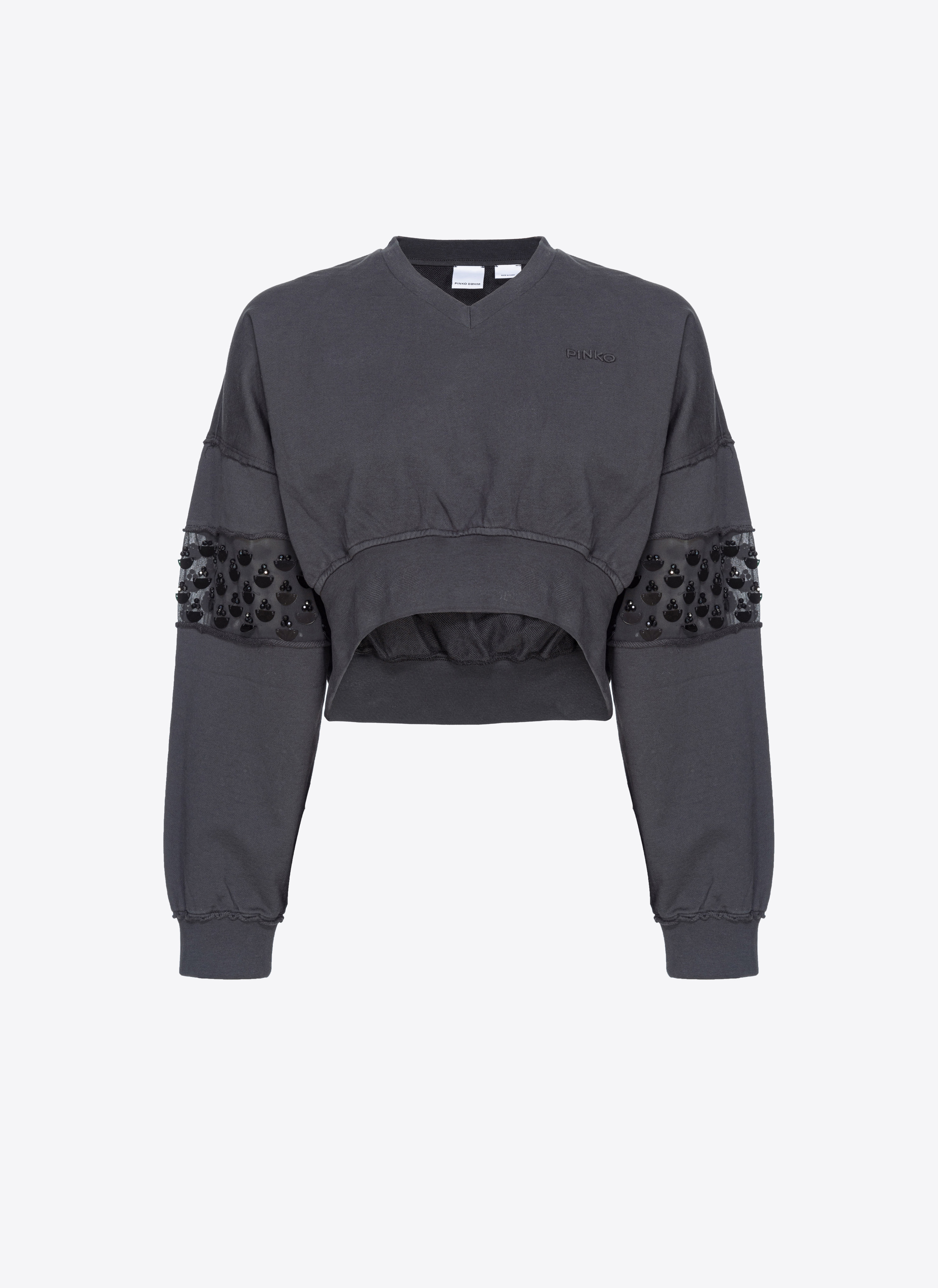 Pinko Short Sweatshirt With Hand-embroidered Detail In Limo Black