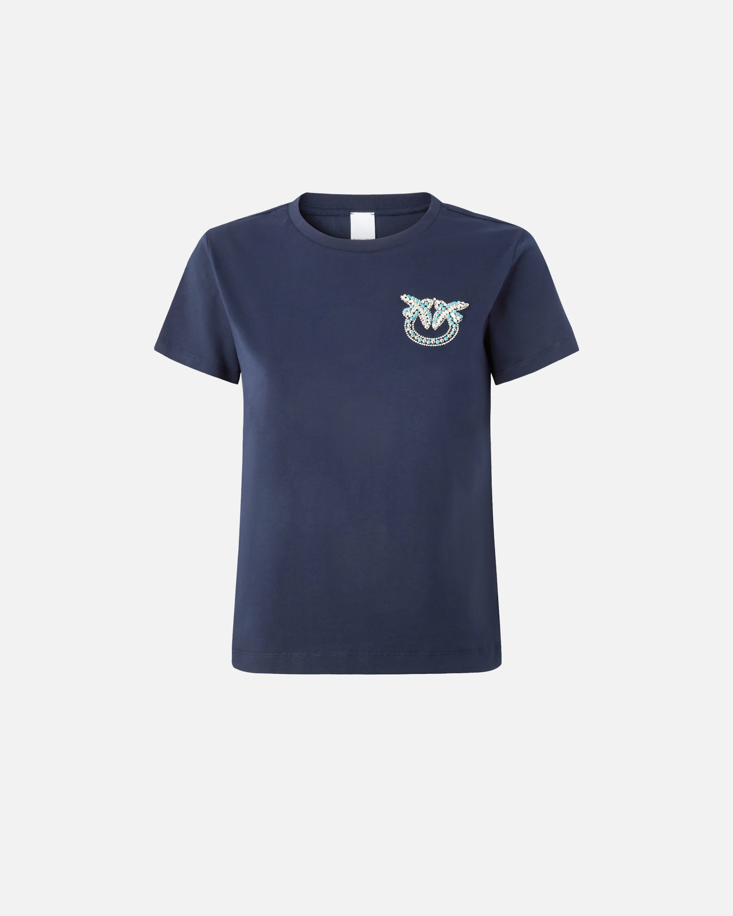 Pinko Short-sleeved T-shirt With Bejewelled Love Birds Embroidery In Abyss Blue