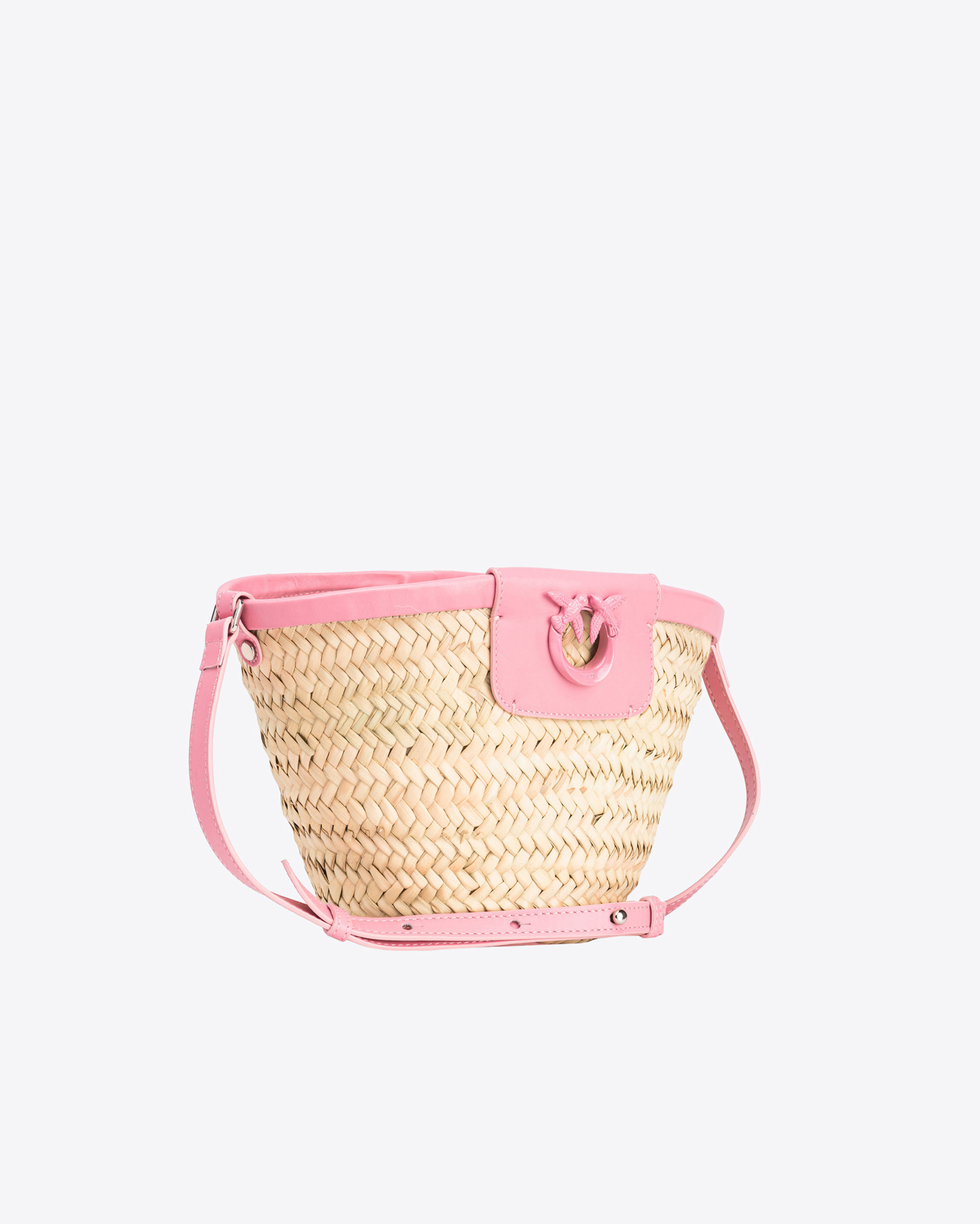 Shop Pinko Love Summer Bucket Bag In Raffia In Natural/pink-colour-block