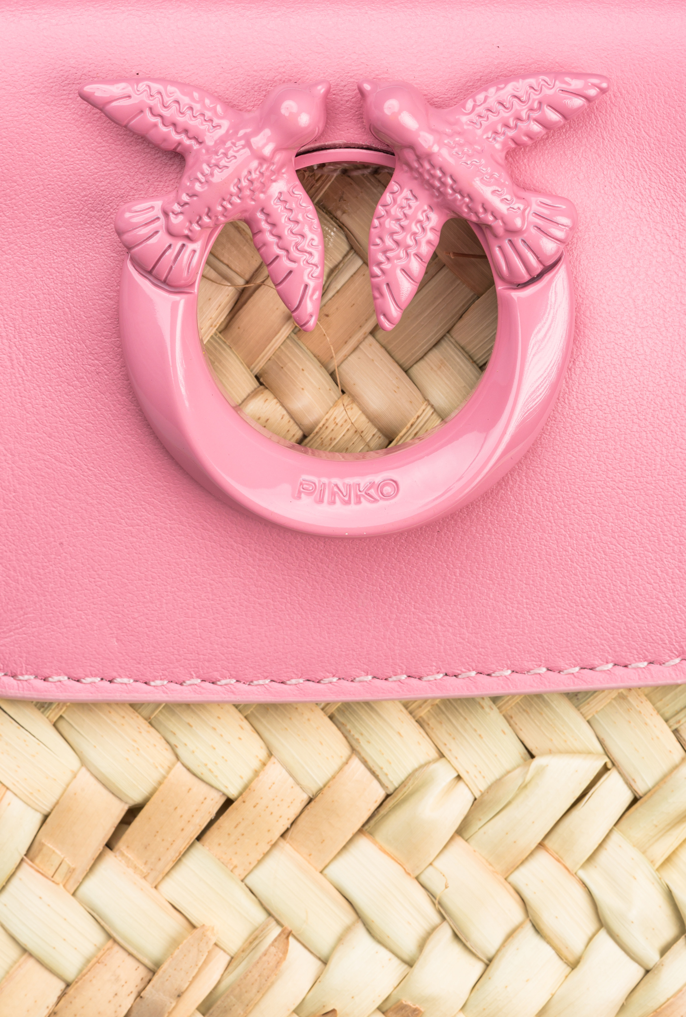 Shop Pinko Love Summer Bucket Bag In Raffia In Natural/pink-colour-block