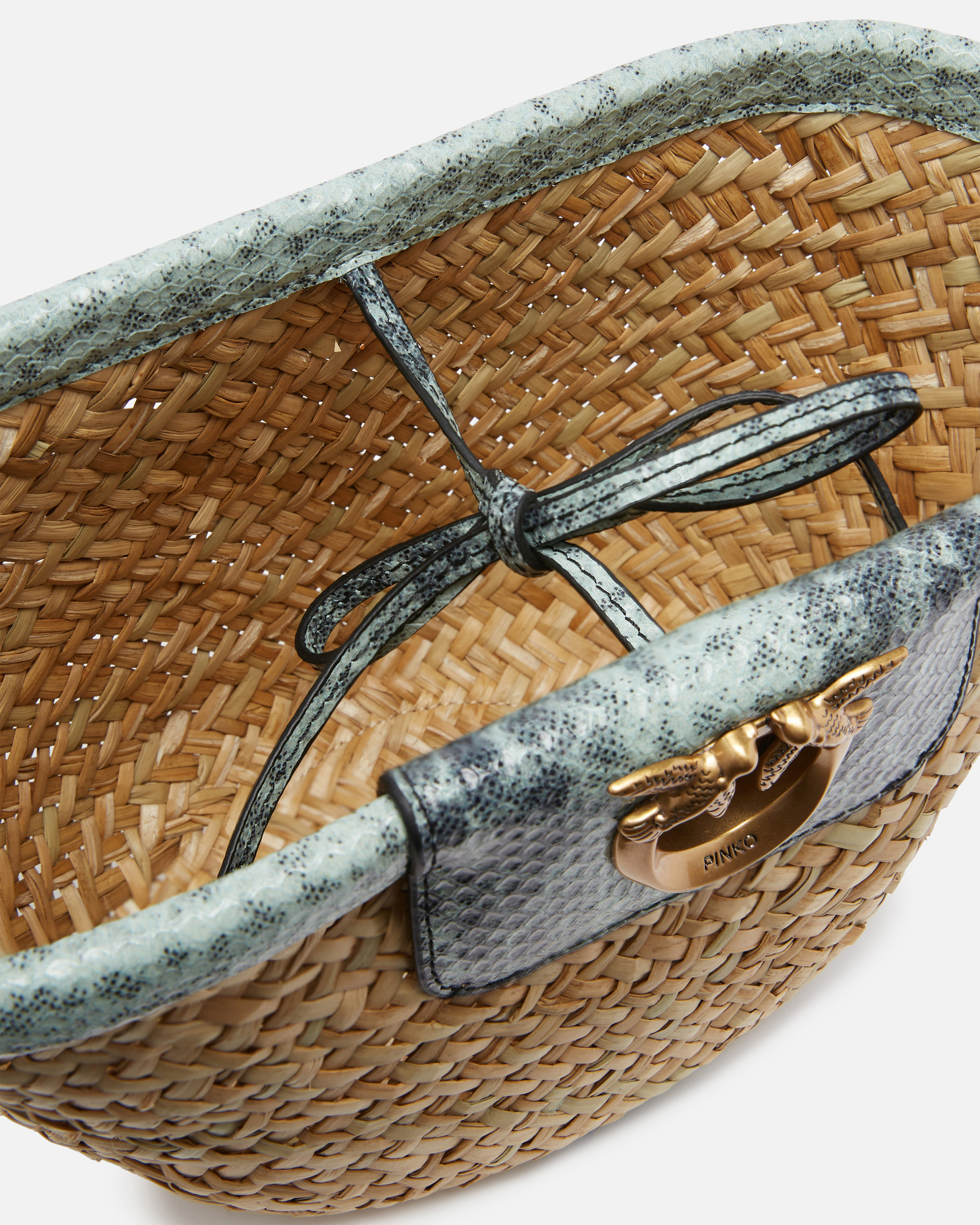 Pinko Small Bucket Bag In Woven Raffia And Leather
