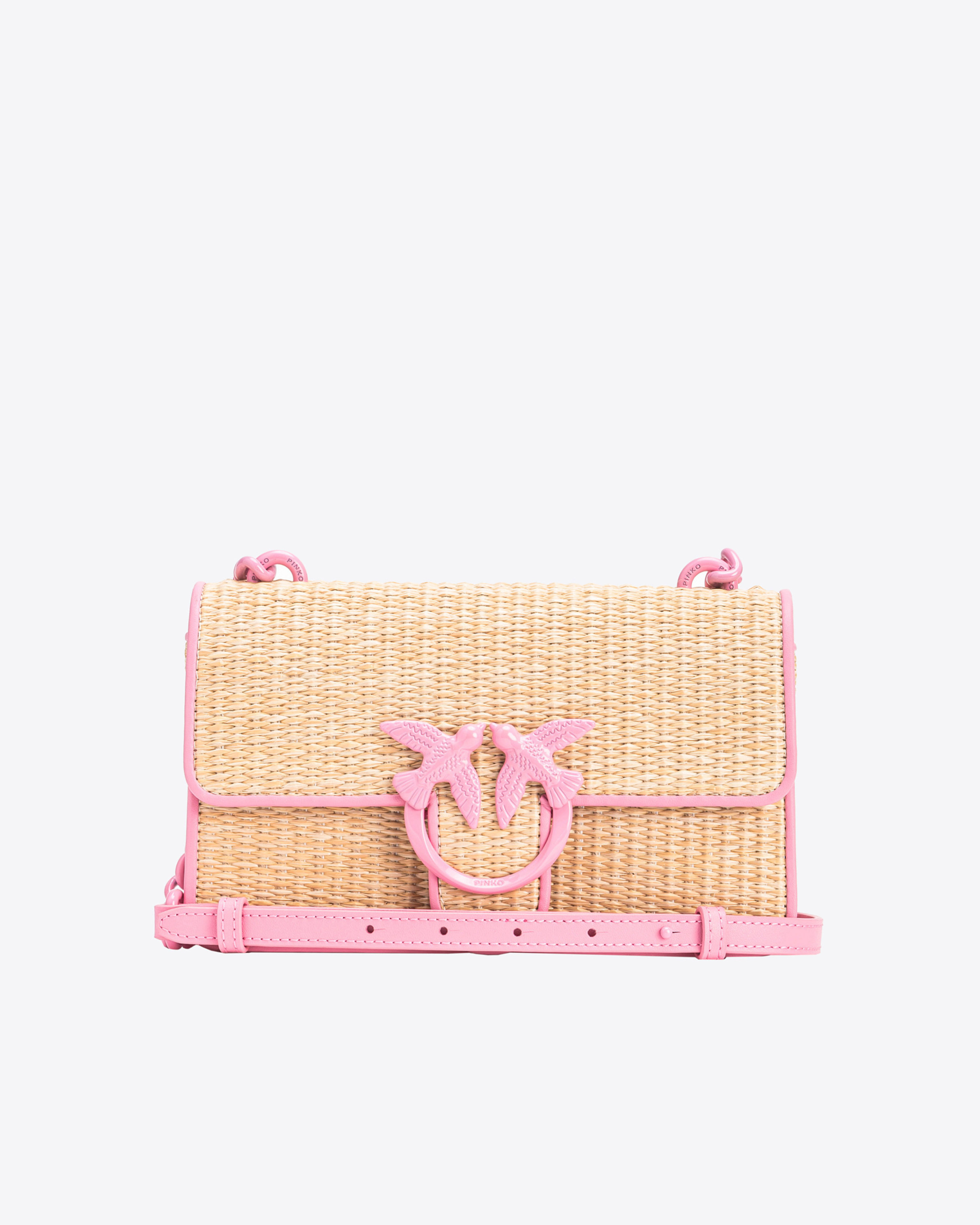 Pinko Mini Love Bag Light En Raphia Et Cuir In Natural/pink-colour-block