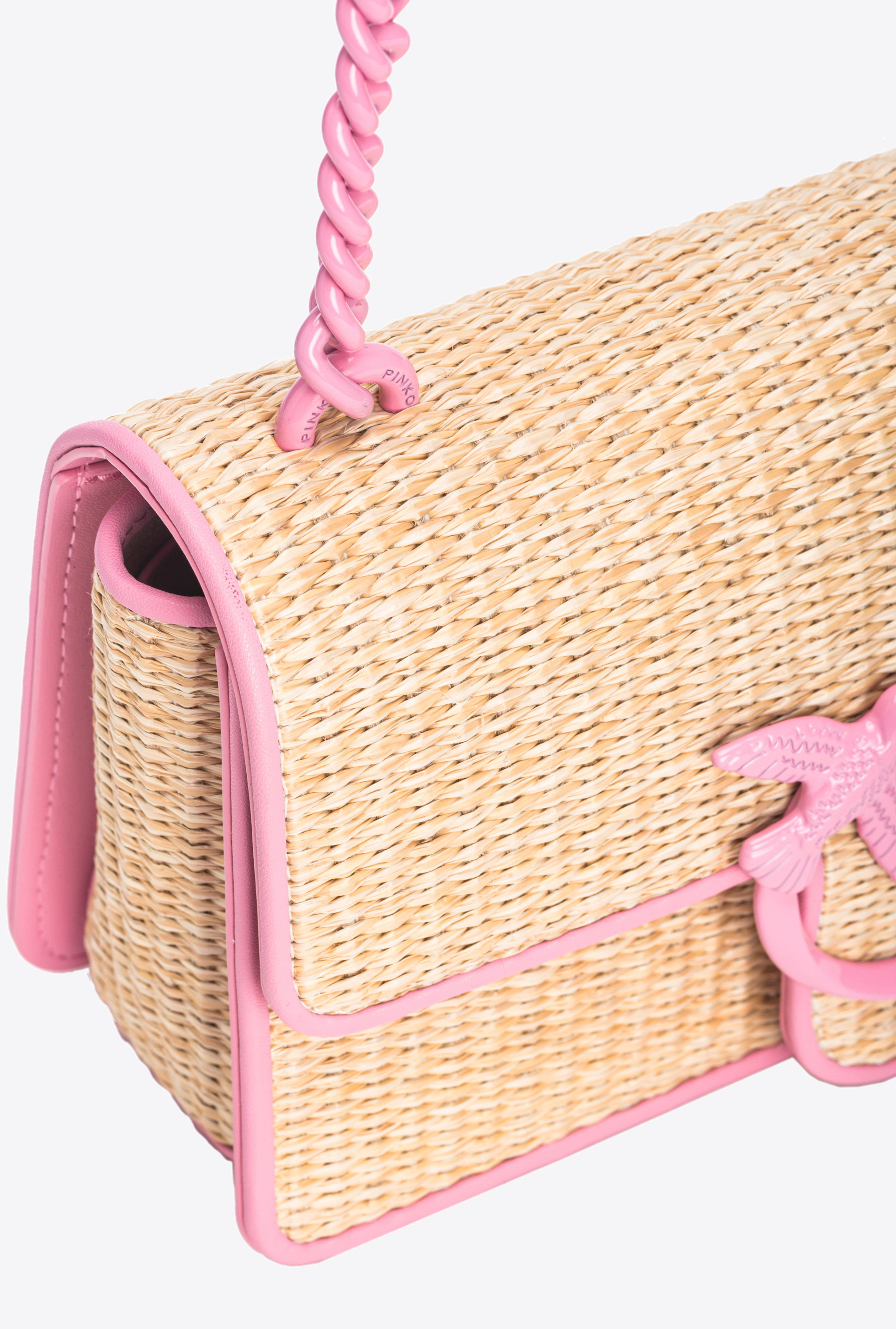 Shop Pinko Mini Love Bag Light En Raphia Et Cuir In Natural/pink-colour-block