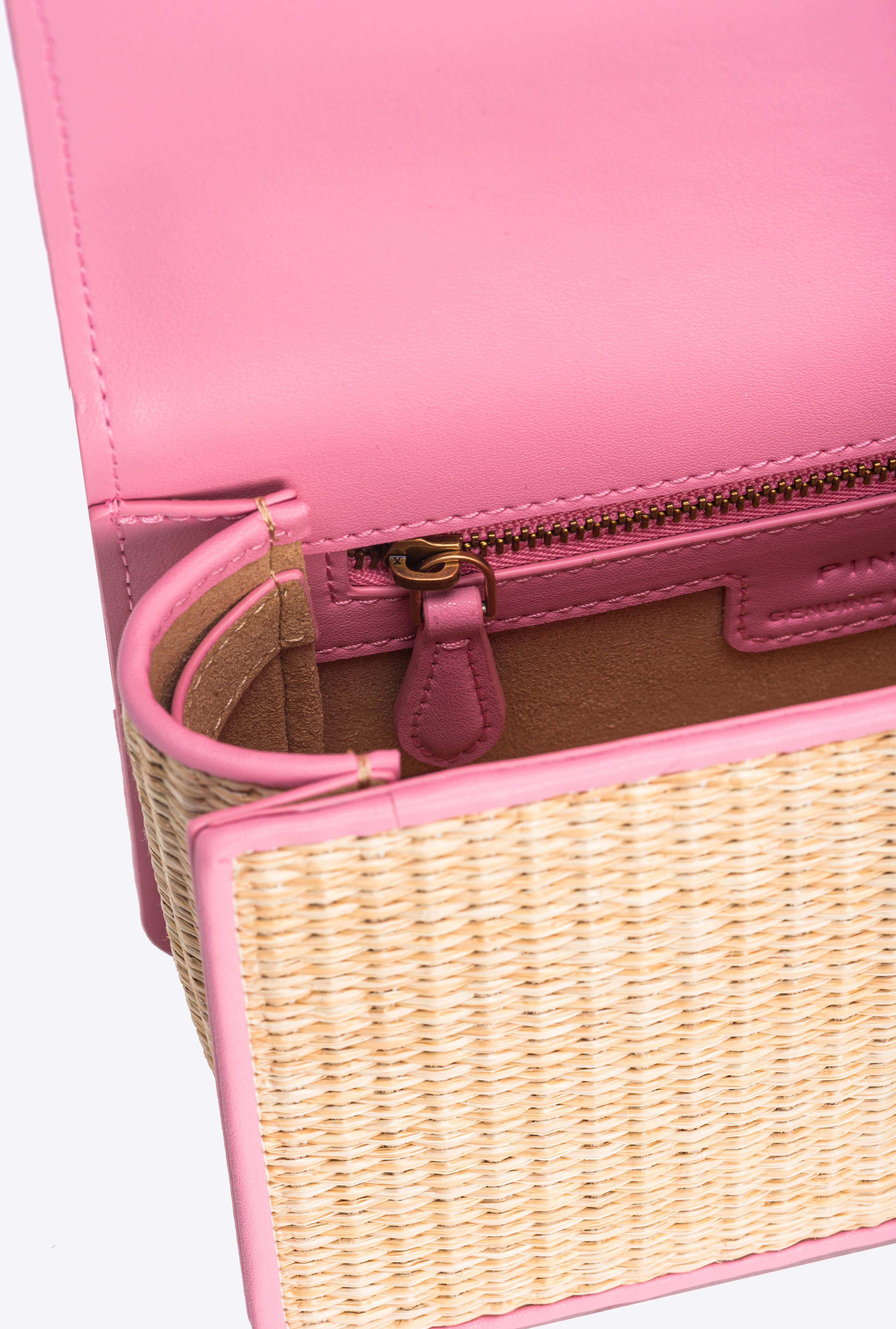 Shop Pinko Mini Love Bag Light En Raphia Et Cuir In Natural/pink-colour-block