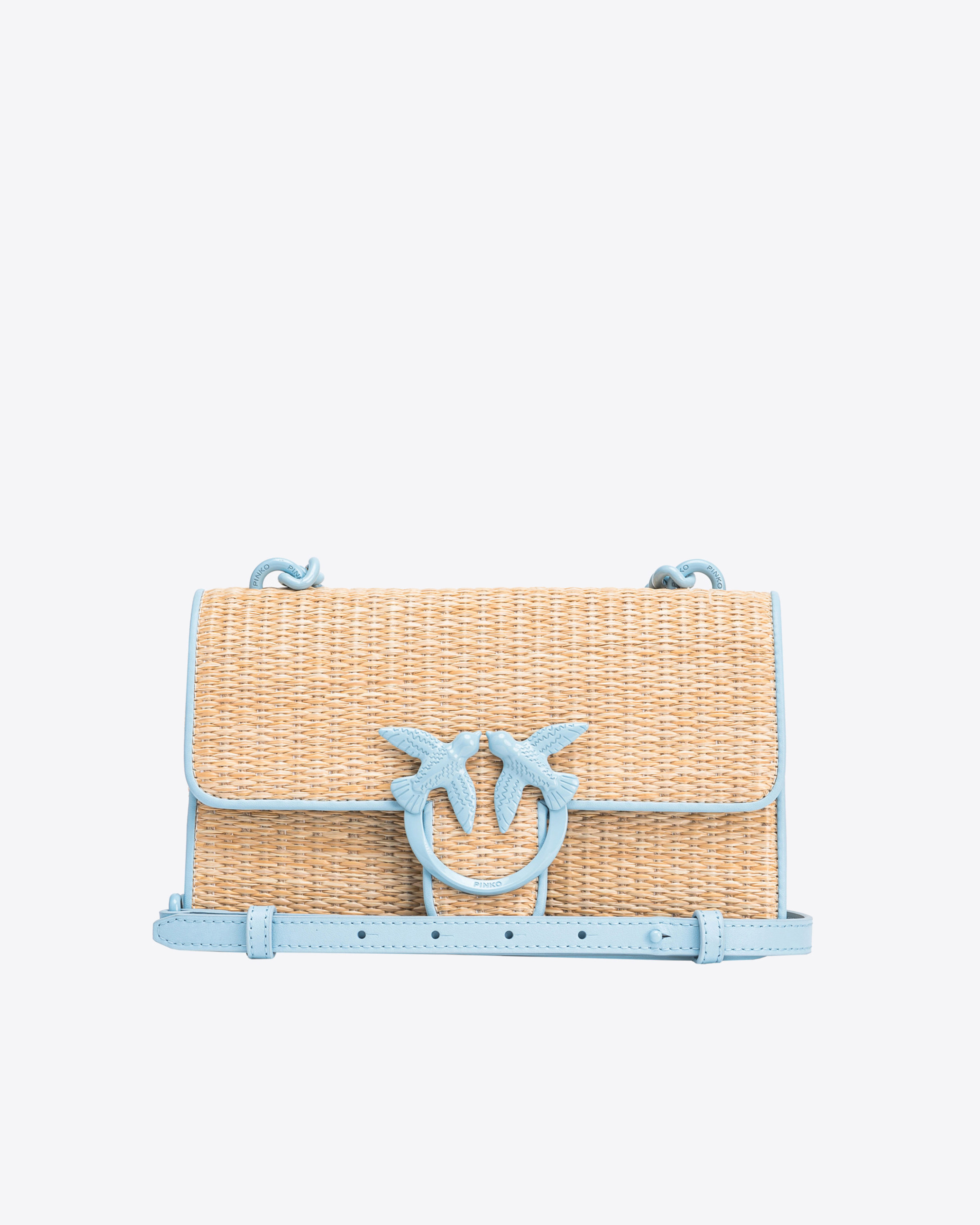 Pinko Mini Love Bag Light In Raffia And Leather In Blue