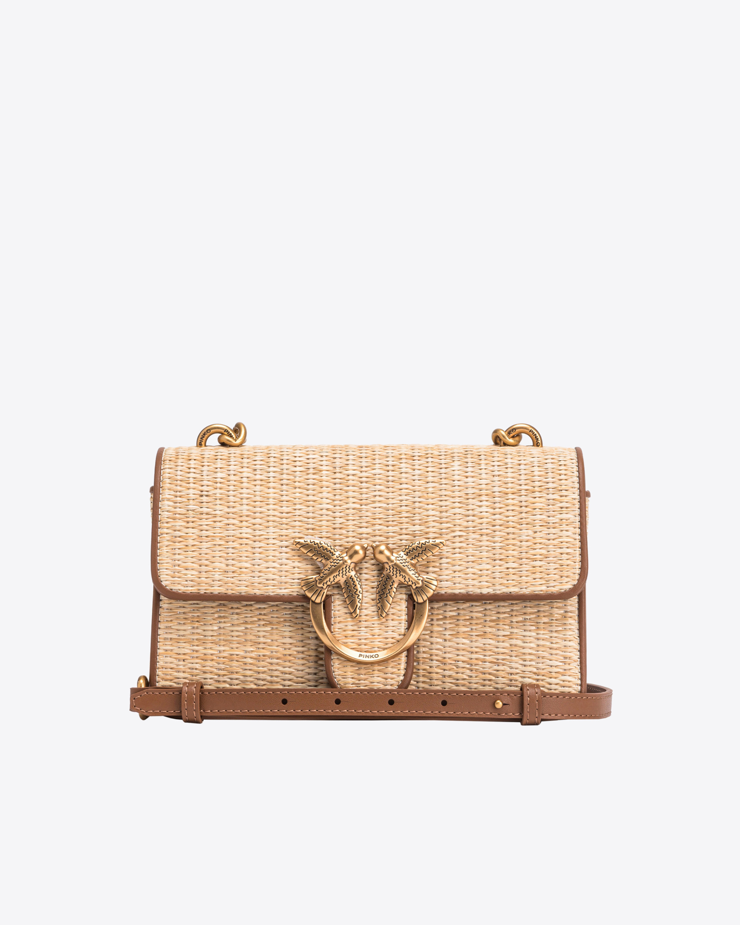 Shop Pinko Mini Love Bag Light In Raffia And Leather In Nature/cuir-or Antique