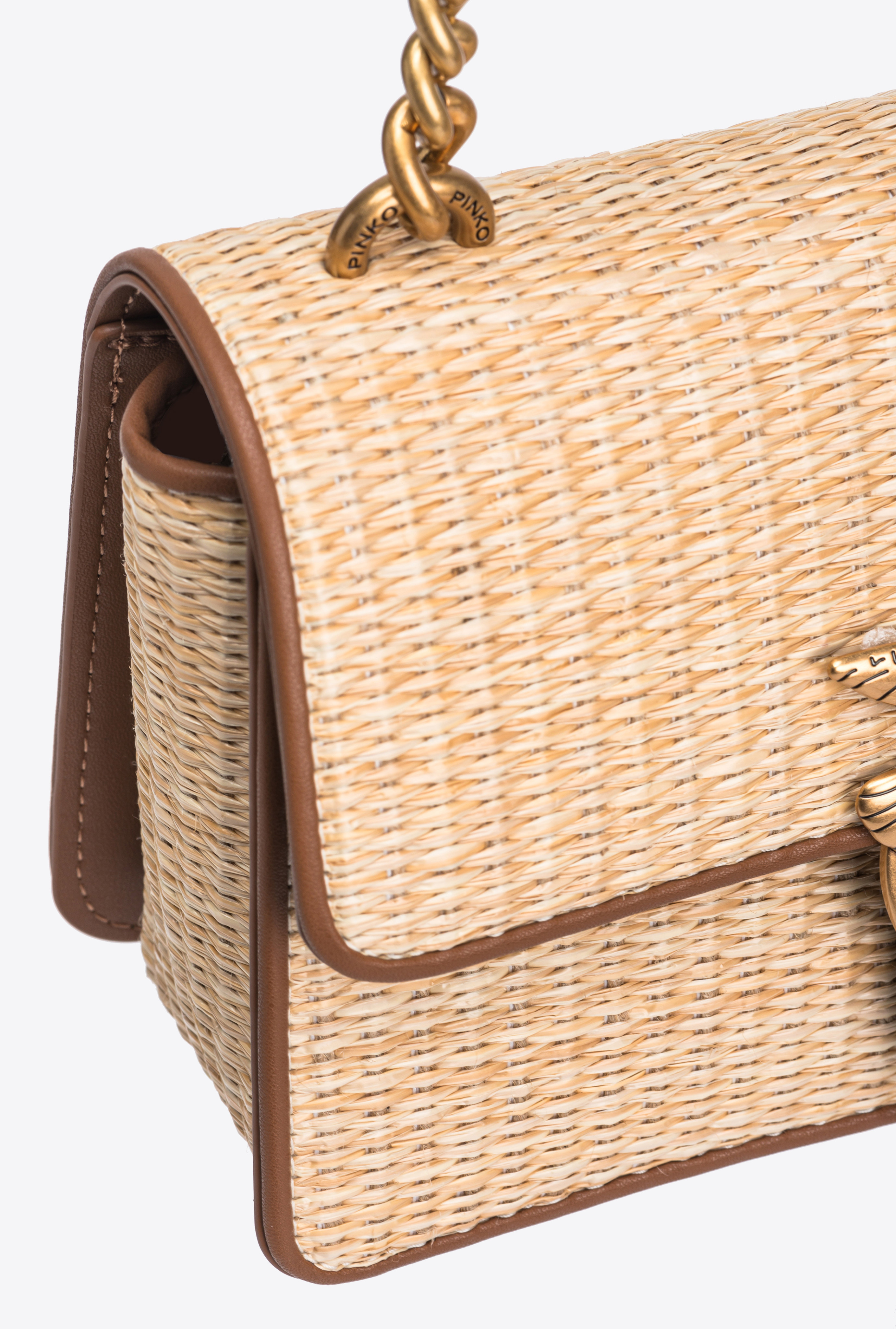 Shop Pinko Mini Love Bag Light In Raffia And Leather In Nature/cuir-or Antique