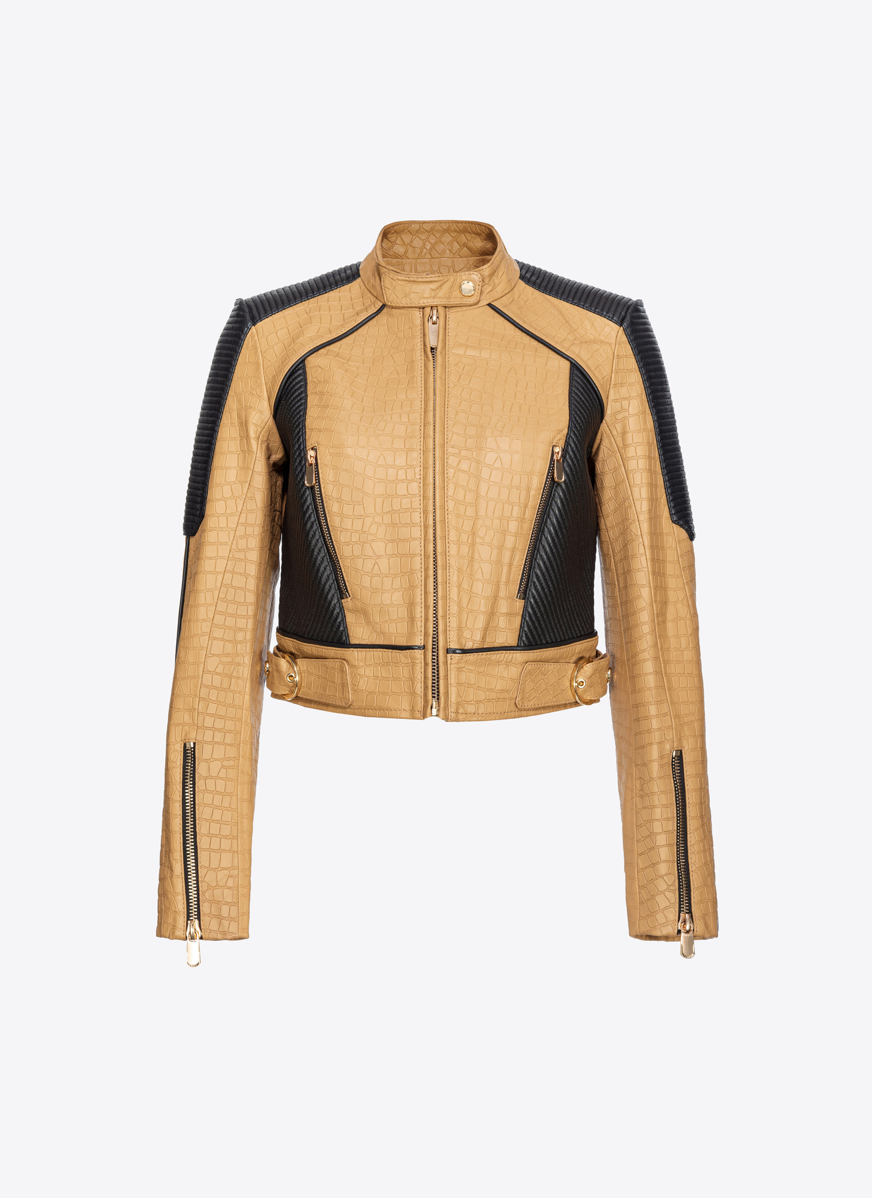 Pinko Crocodile-print Leather Biker Jacket In Camel/black