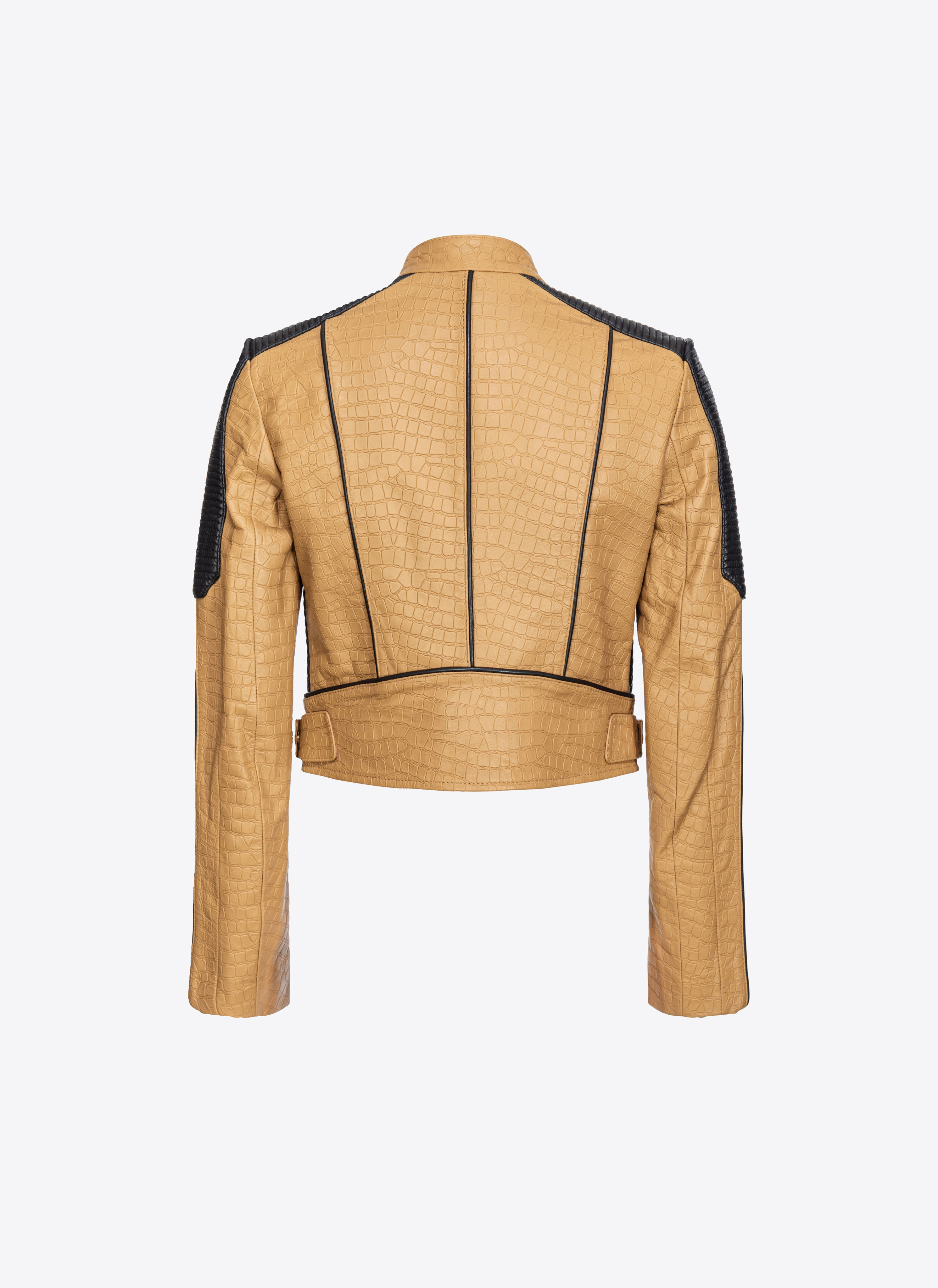 Shop Pinko Crocodile-print Leather Biker Jacket In Camel/black