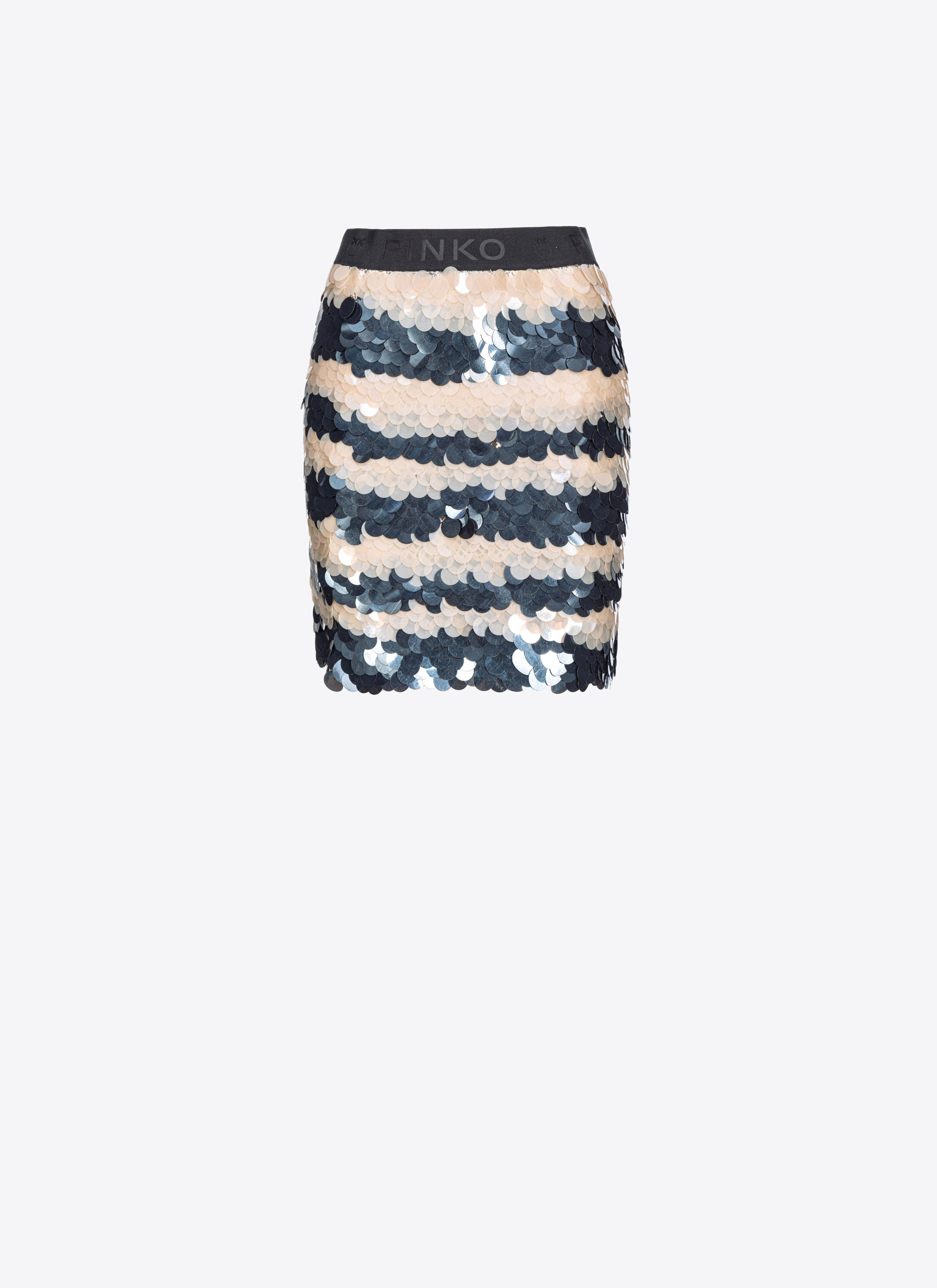 Pinko Mesh Mini Skirt With Sequinned Stripes In Beurre/noir