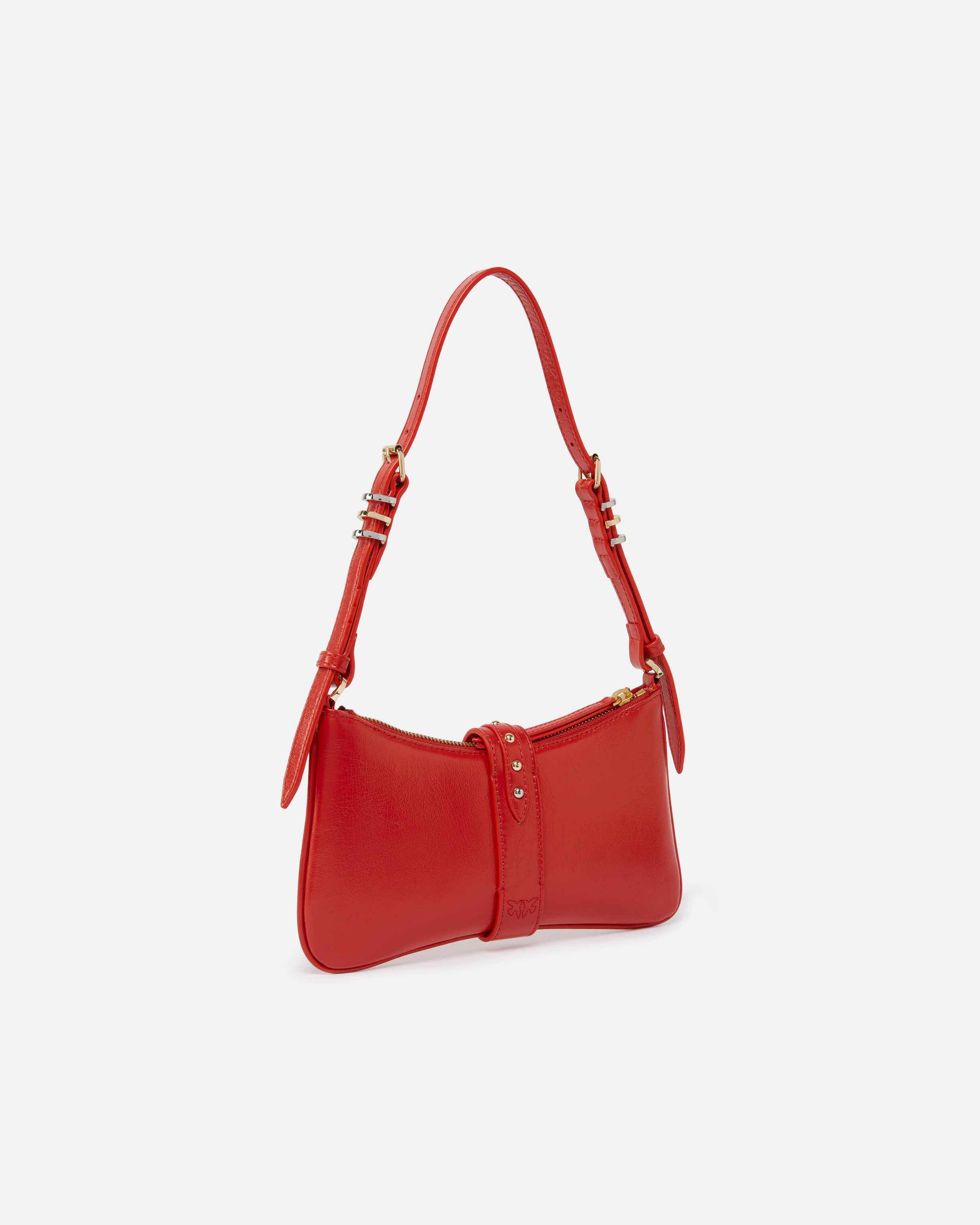 Pinko Shiny Leather Shoulder Bag With Rings In Rouge-or Antique