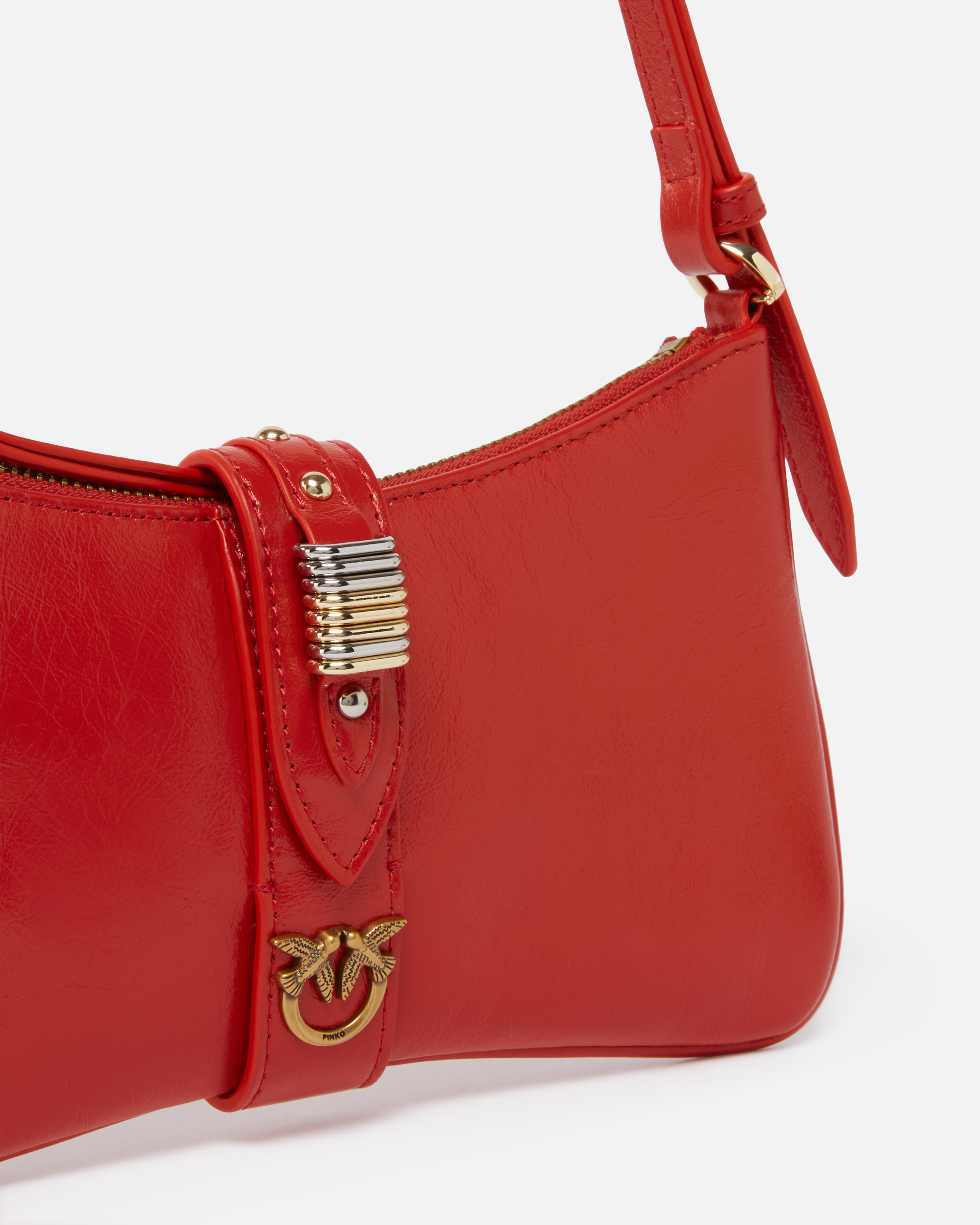 Pinko Shiny Leather Shoulder Bag With Rings In Rouge-or Antique