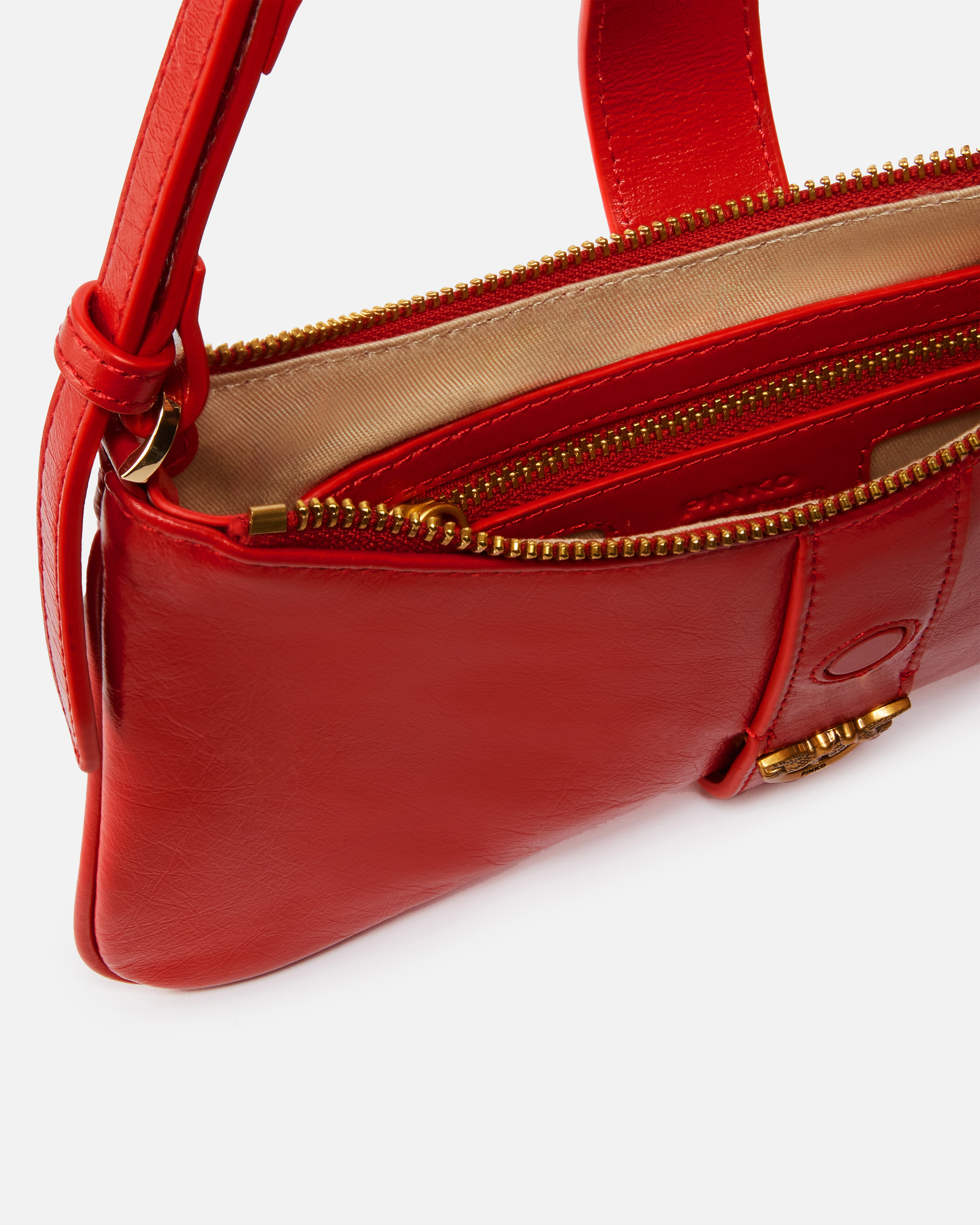 Pinko Shiny Leather Shoulder Bag With Rings In Rouge-or Antique