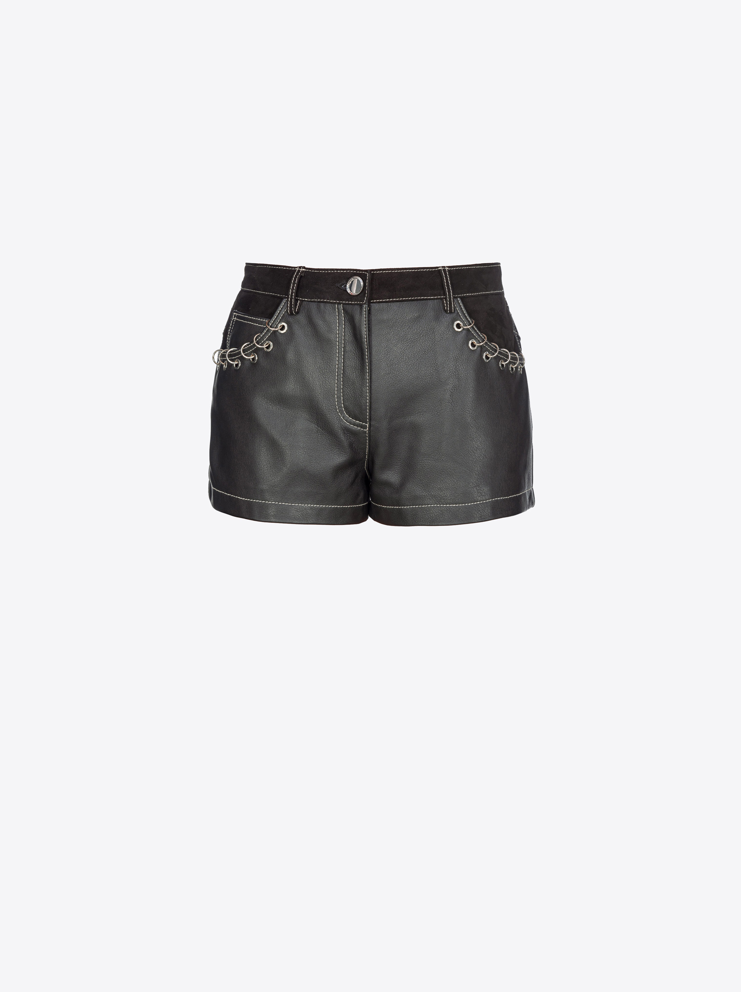 Pinko Leather And Suede Shorts With Piercing Detail In Noir Limousine