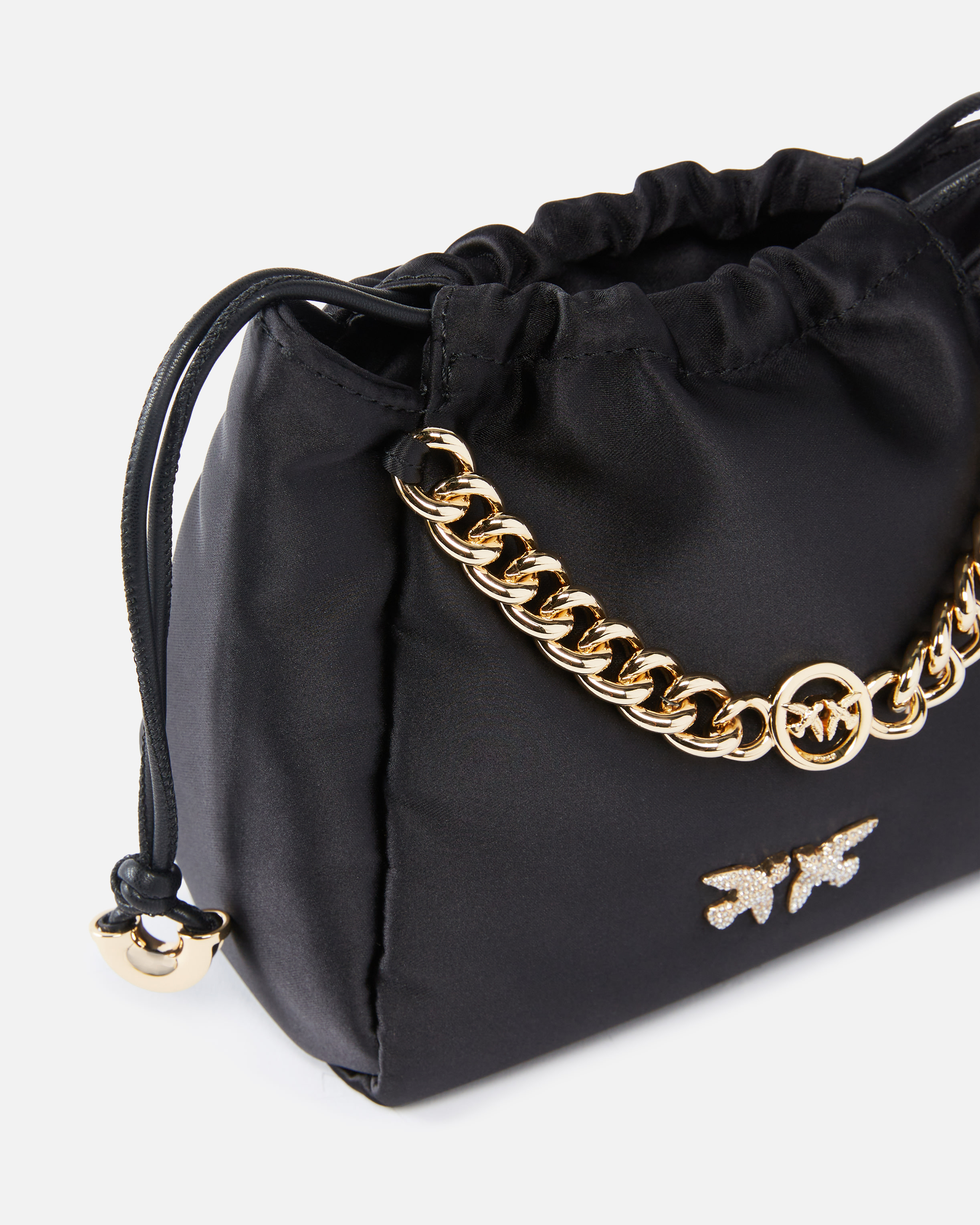 Pinko Satin Mini Clutch Bag With Chain In Black-gold
