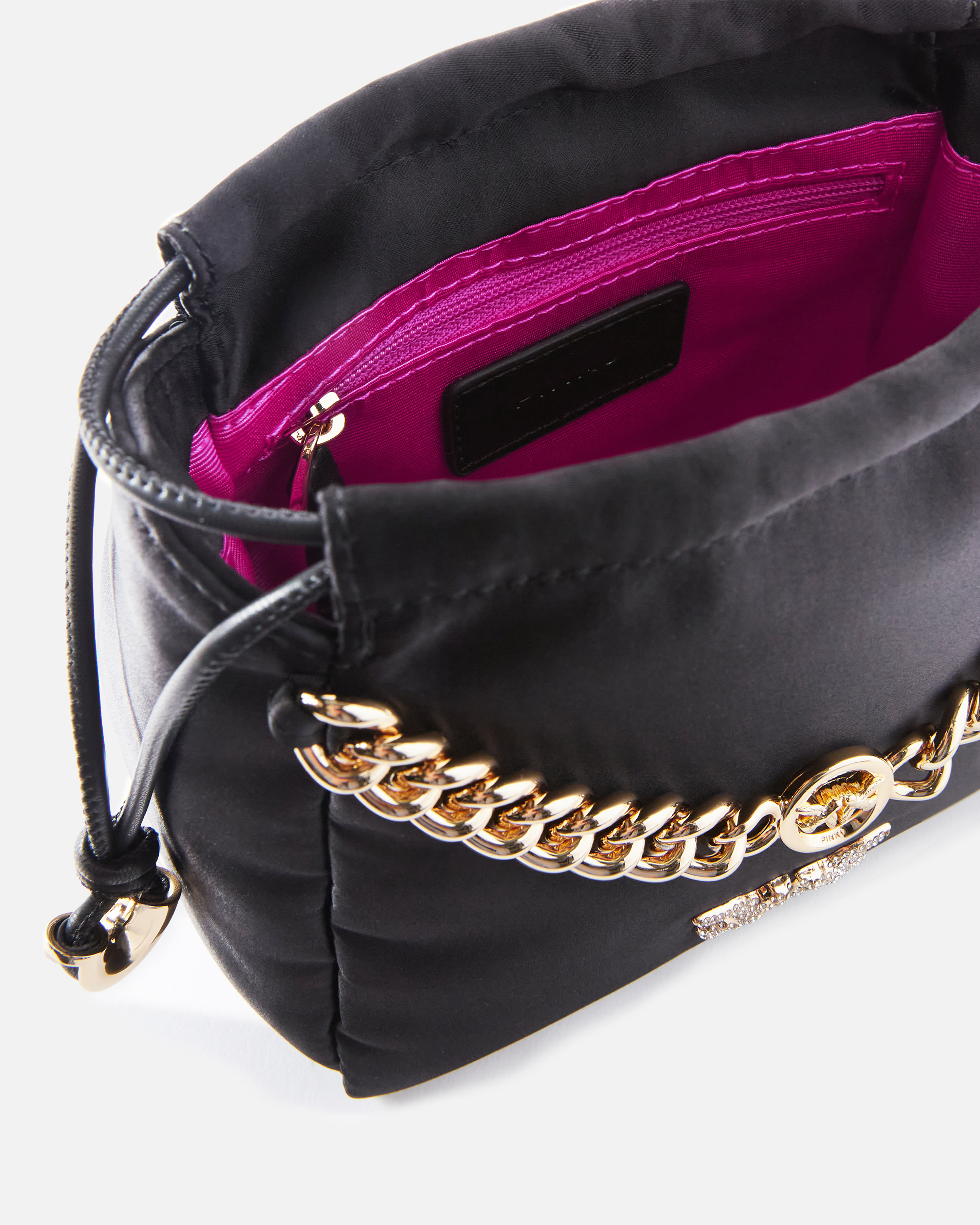 Pinko Satin Mini Clutch Bag With Chain In Black-gold