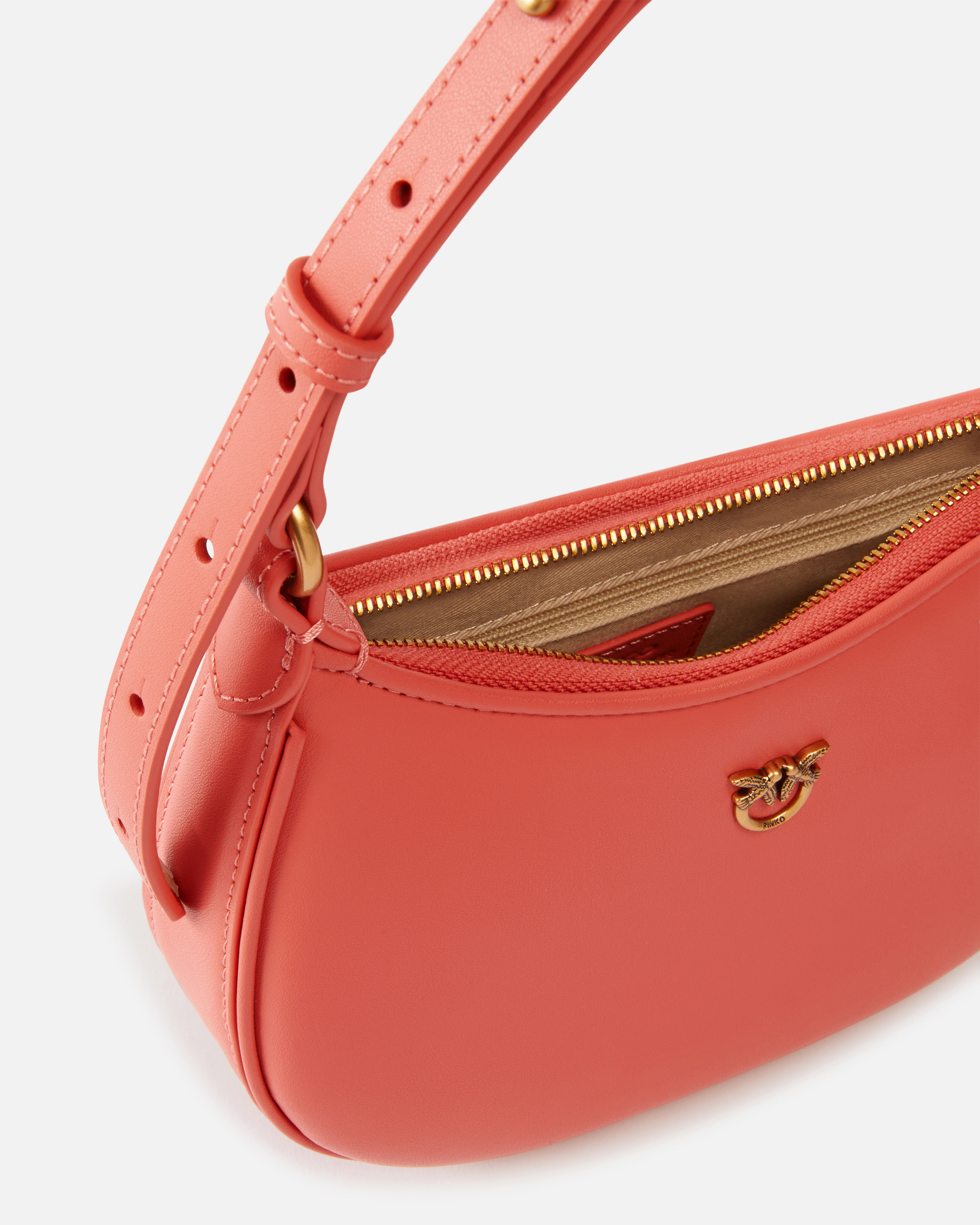 Pinko Half Moon Baby Leather Shoulder Bag In Coral. Speziato-antique Gold