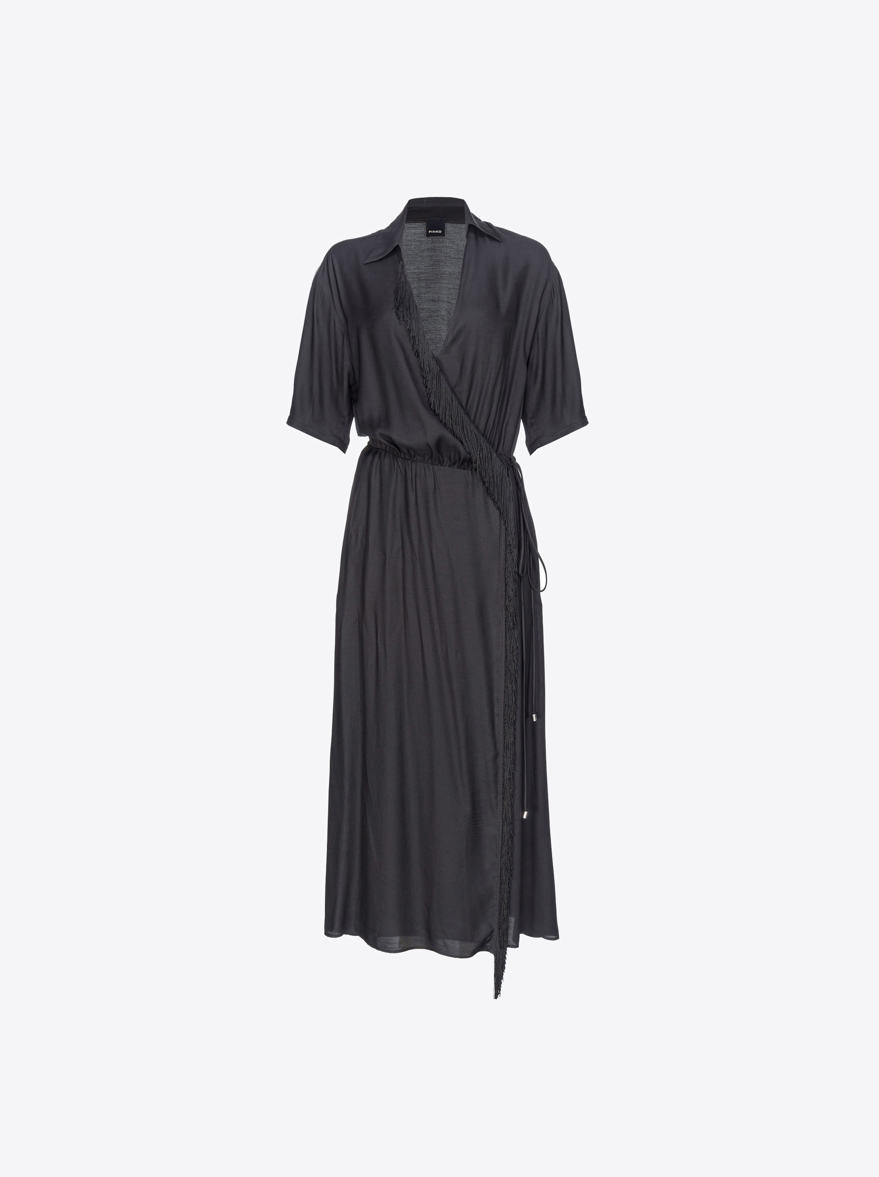 Pinko Twill Maxi Dress With Fringing In Limo Black