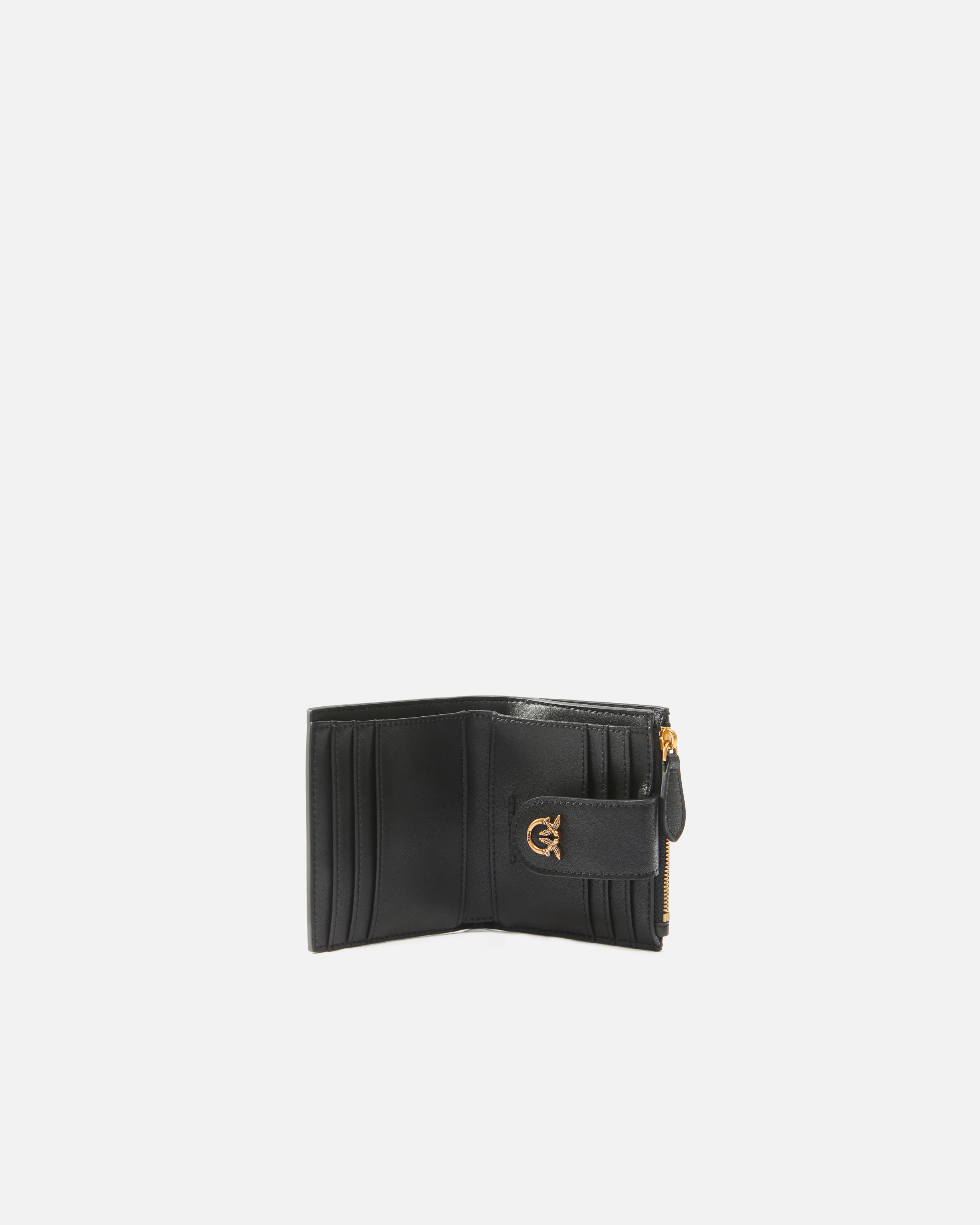 Pinko Black Wallet With Love Birds Buckle On Front In Leather Woman In Black-antique Gold