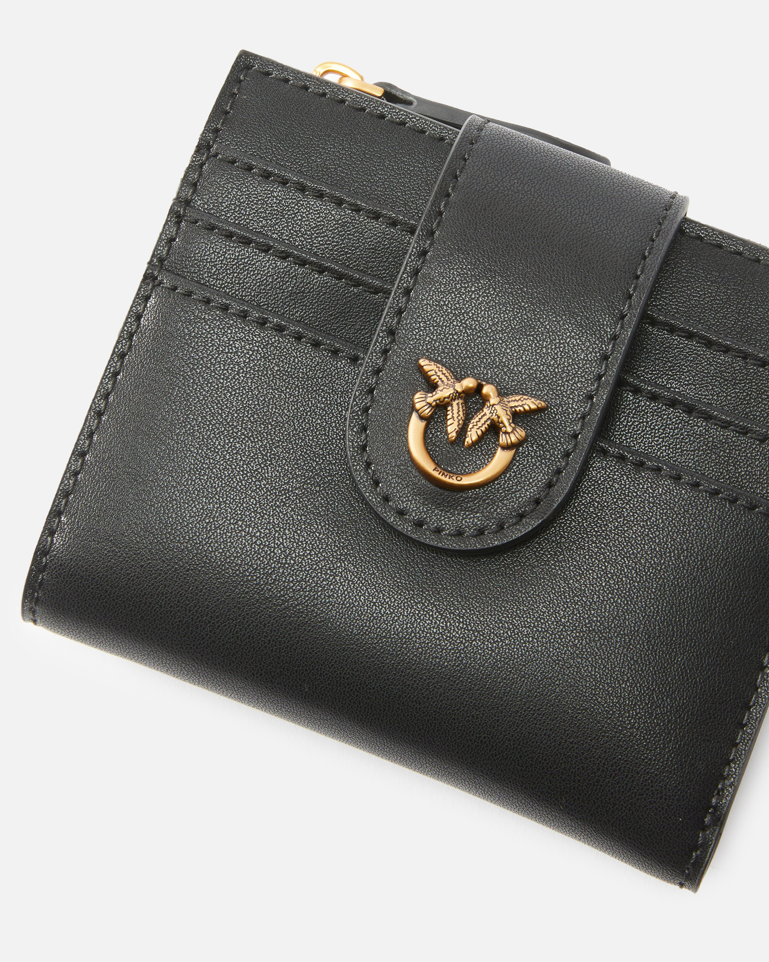 Pinko Black Wallet With Love Birds Buckle On Front In Leather Woman In Black-antique Gold
