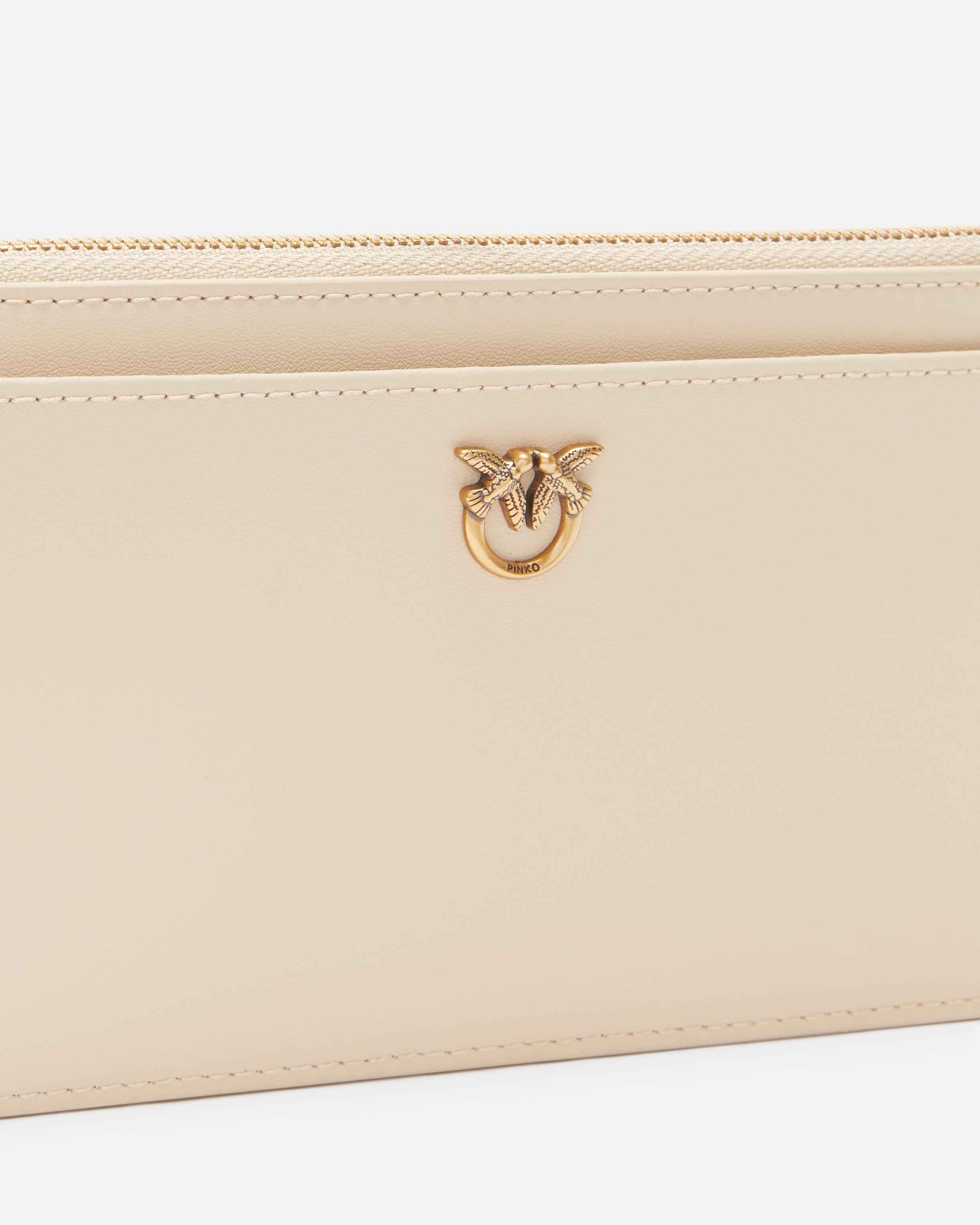 Pinko Rectangular Leather Card Holder With Wristlet In Beige-gris Fumée-or Antique