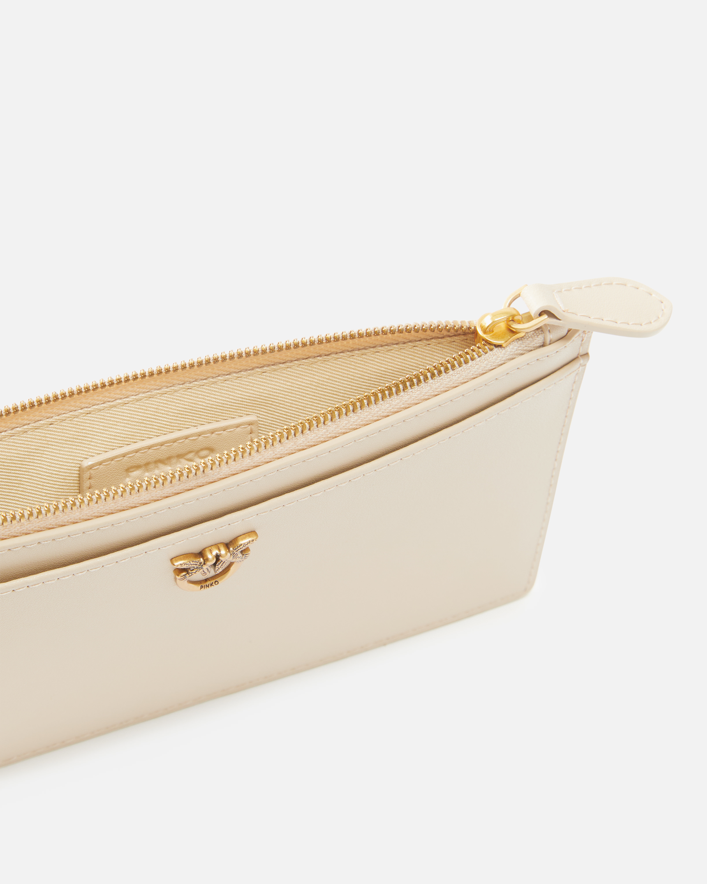 Pinko Rectangular Leather Card Holder With Wristlet In Beige-gris Fumée-or Antique