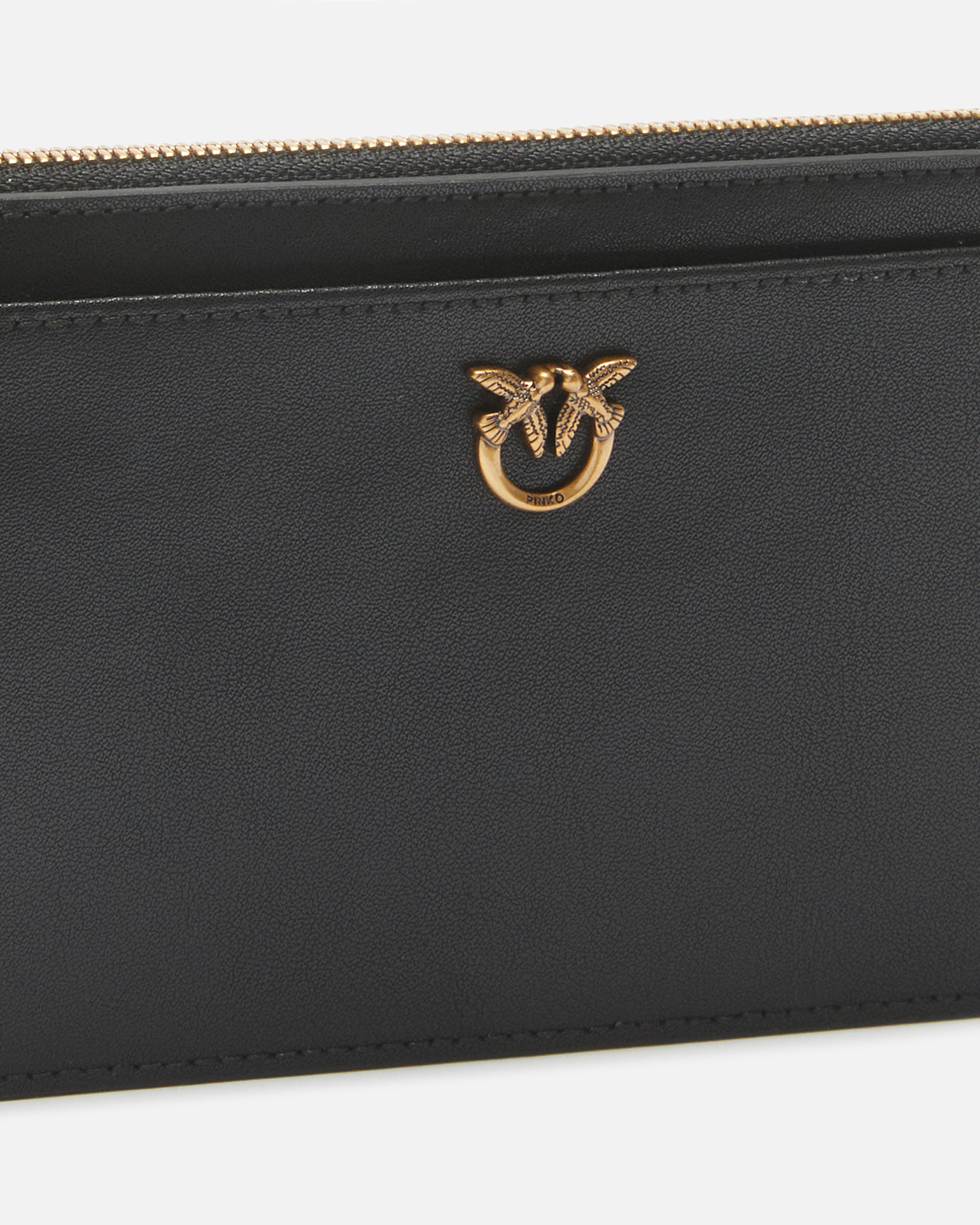 Pinko Porte-cartes Rectangulaire En Cuir Avec Dragonne In Black-antique Gold