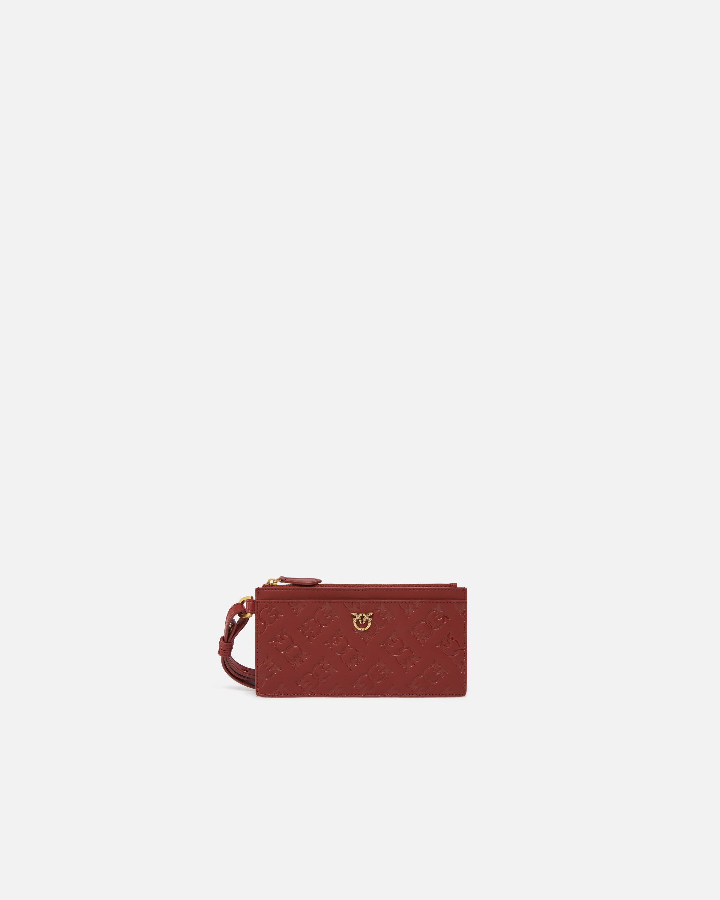 Pinko Rectangular Leather Card Holder With Imprinted Logo In Merlot Burgundy-antique Gold