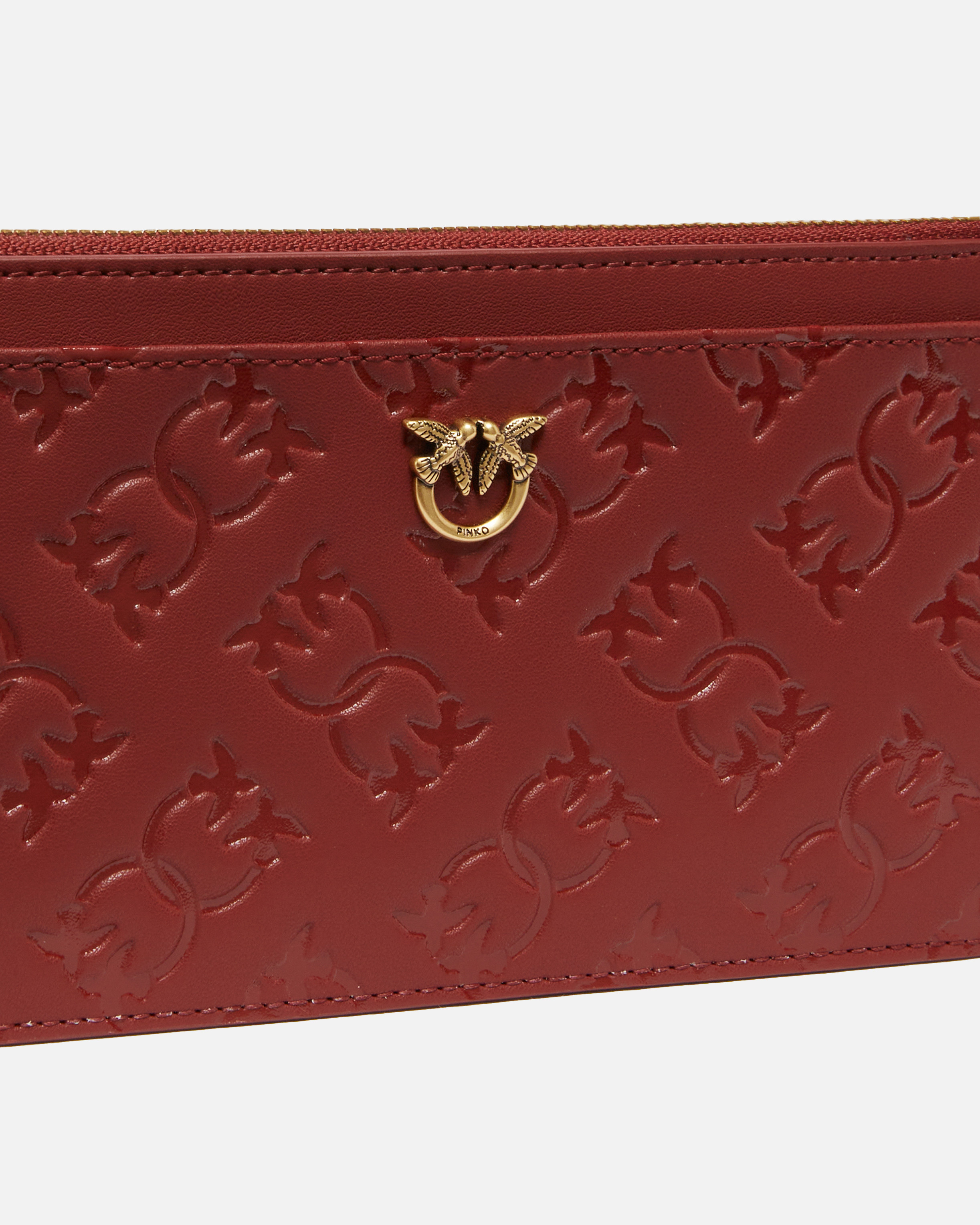 Pinko Rectangular Leather Card Holder With Imprinted Logo In Merlot Burgundy-antique Gold